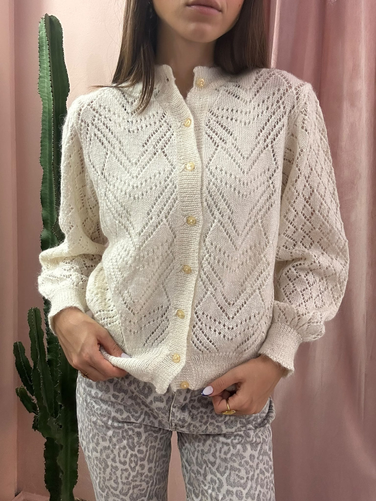 Cardigan vintage panna traforato in lana