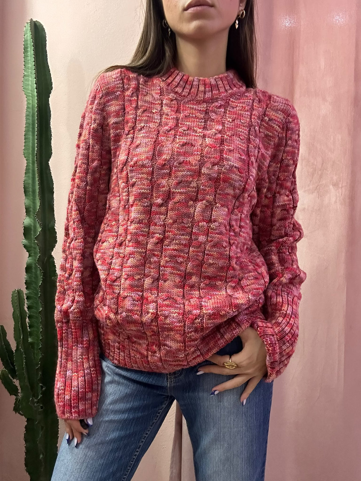 Maglione vintage girocollo mélange fucsia in lana