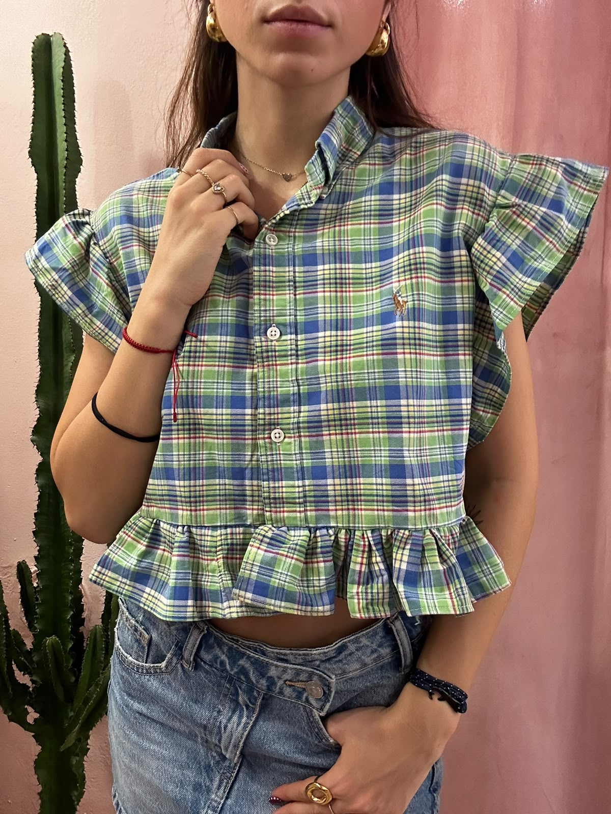 Camicia ralph lauren upcycling manica volant a quadri