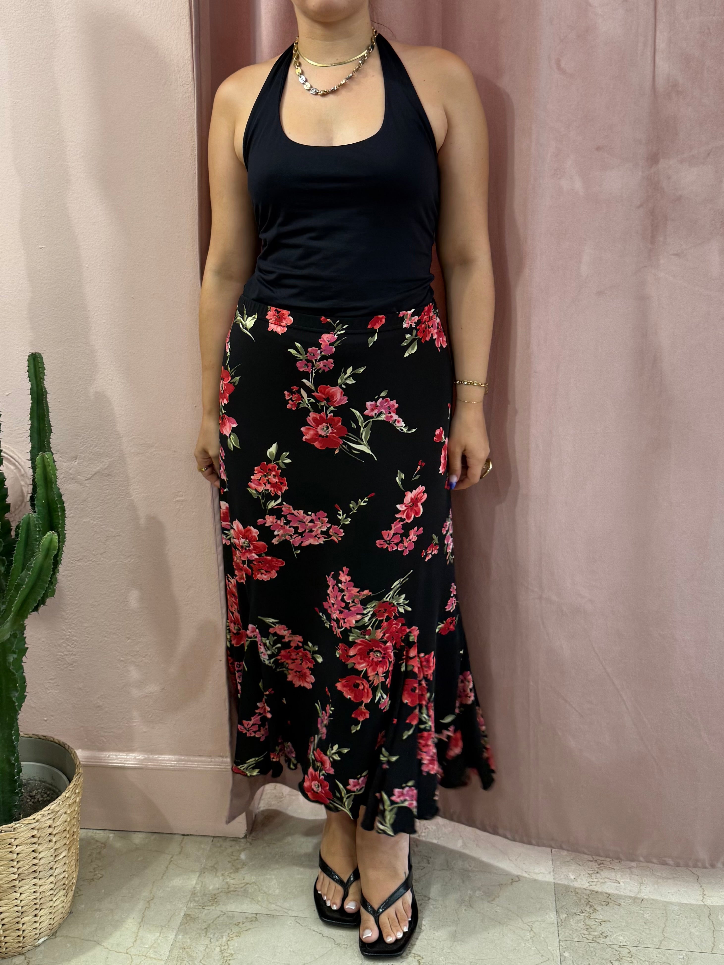 Gonna 00s nera fantasia fiori rossi