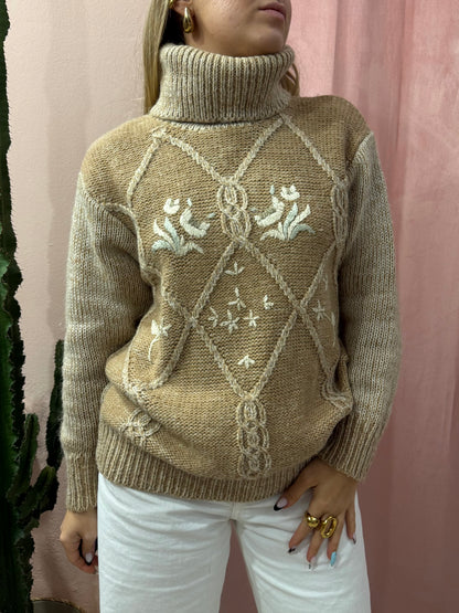 Maglione vintage collo alto in lana con ricami