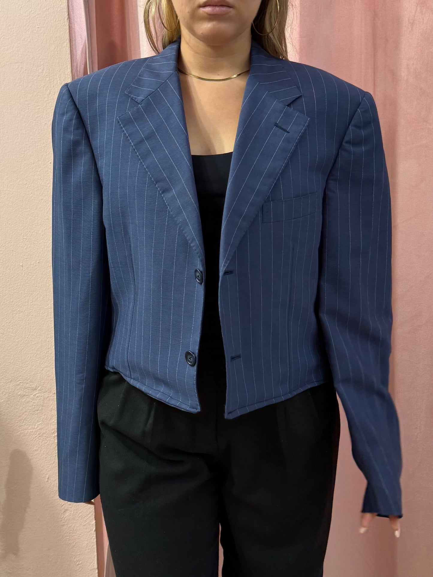 Blazer crop gessato blu Corneliani