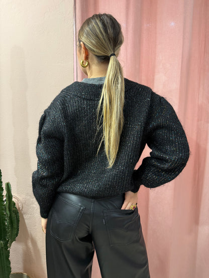 Maglione crop nero laminato