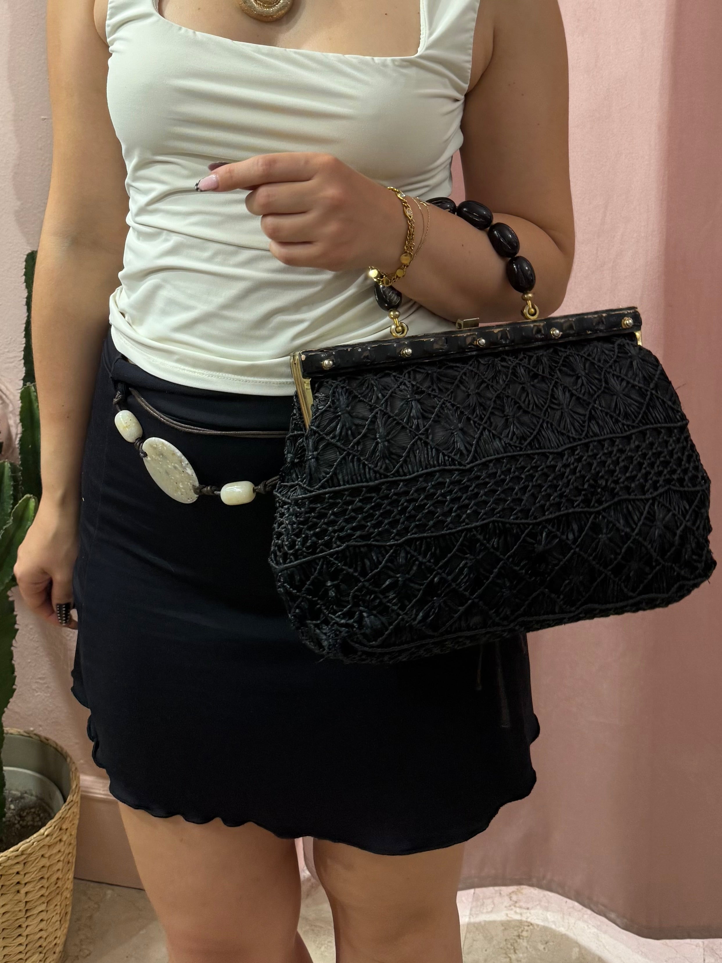 Borsa vintage in paglia con manico in legno