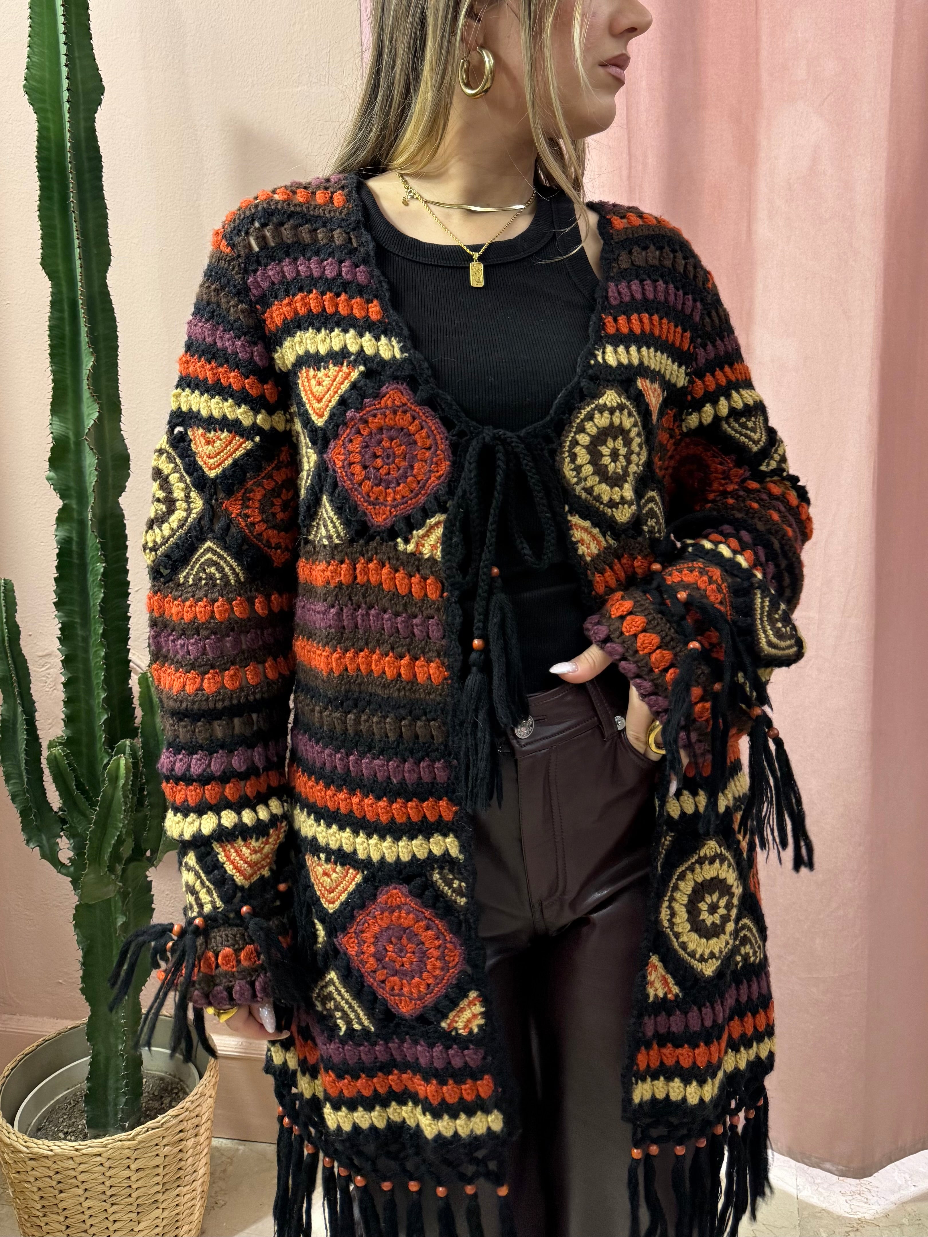 Maxi cardigan traforato in lana