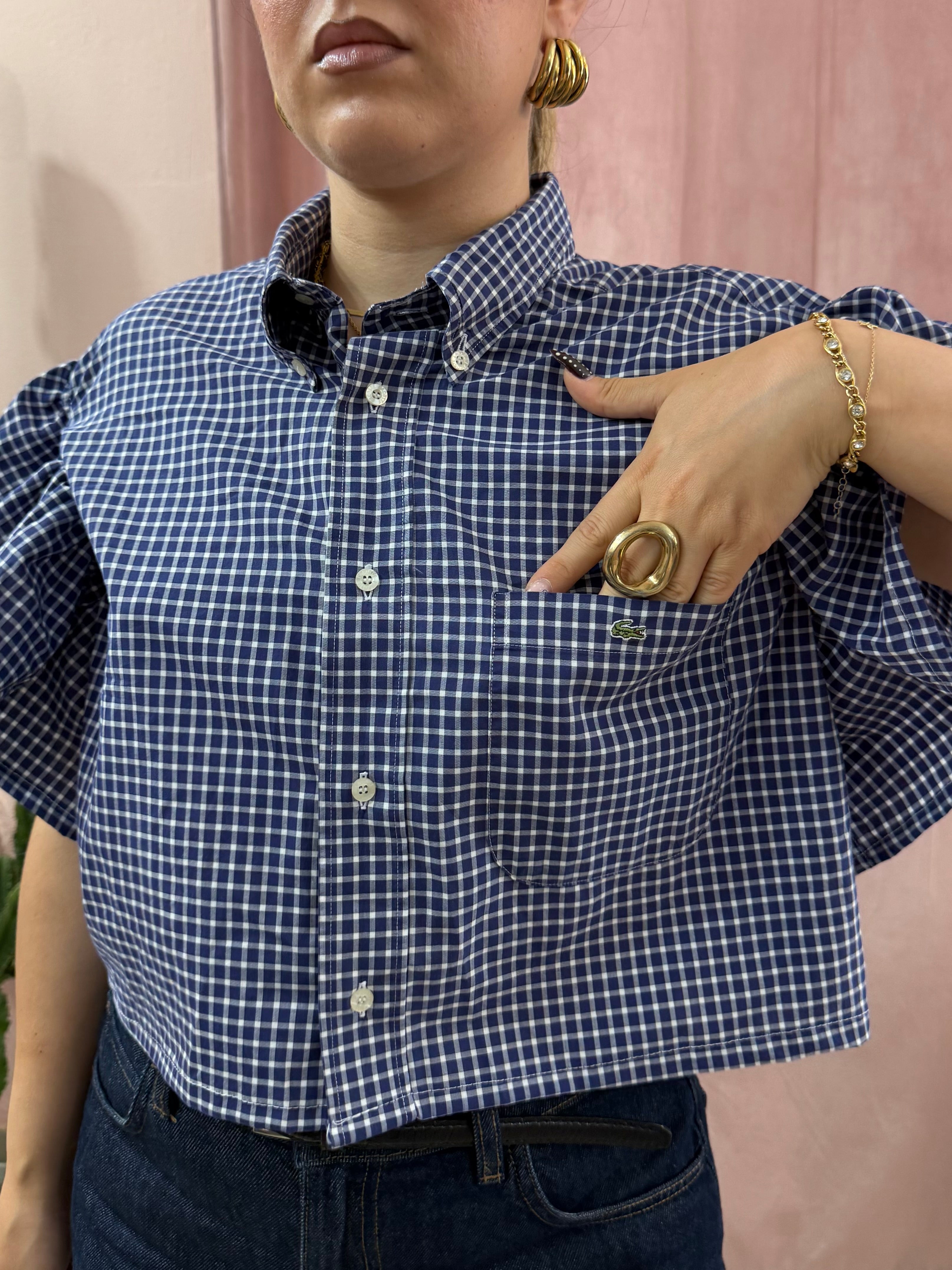 Camicia Lacoste upcycling volant blu a quadretti