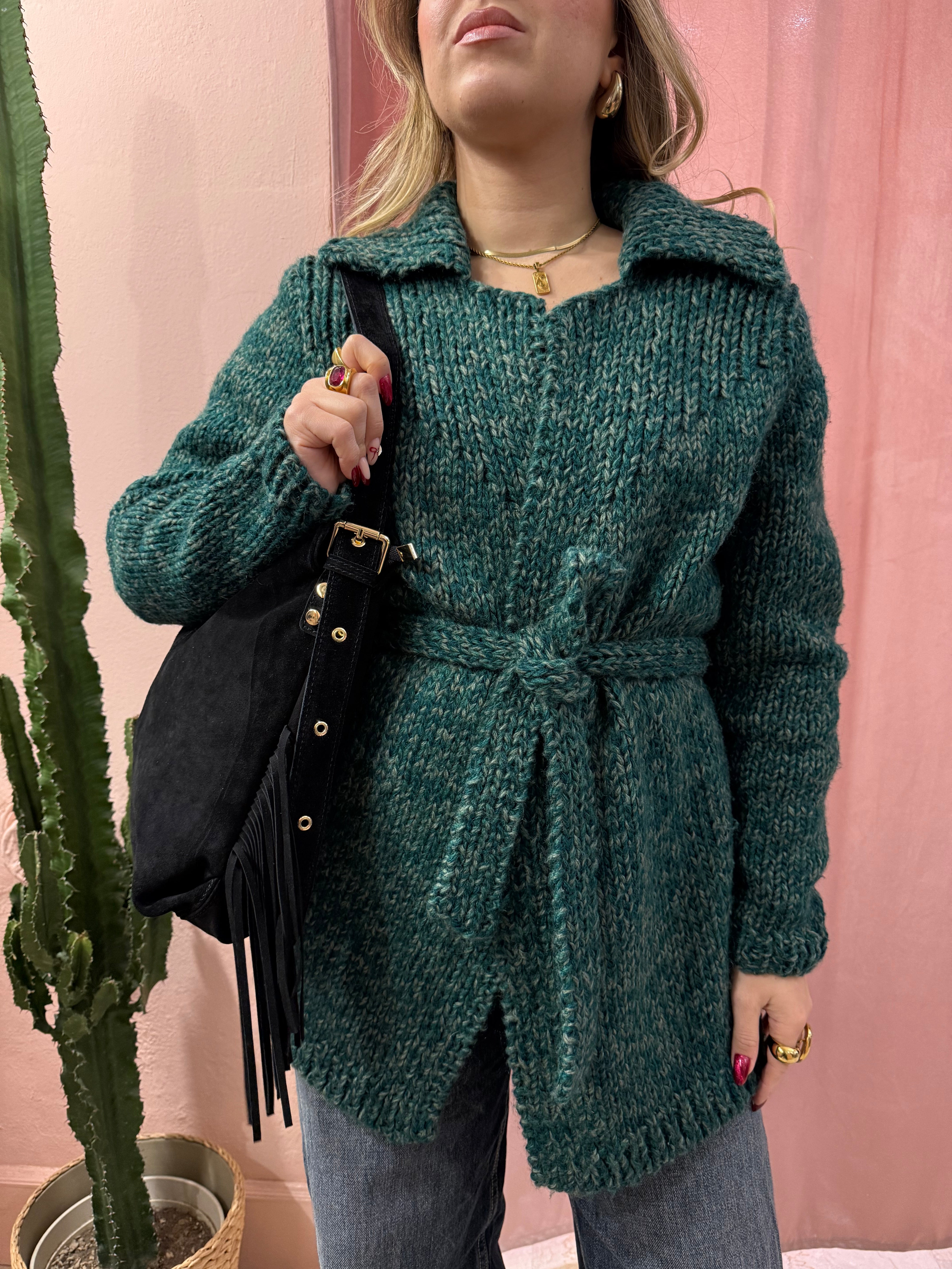 Cardigan in lana con cinturino verde mélange