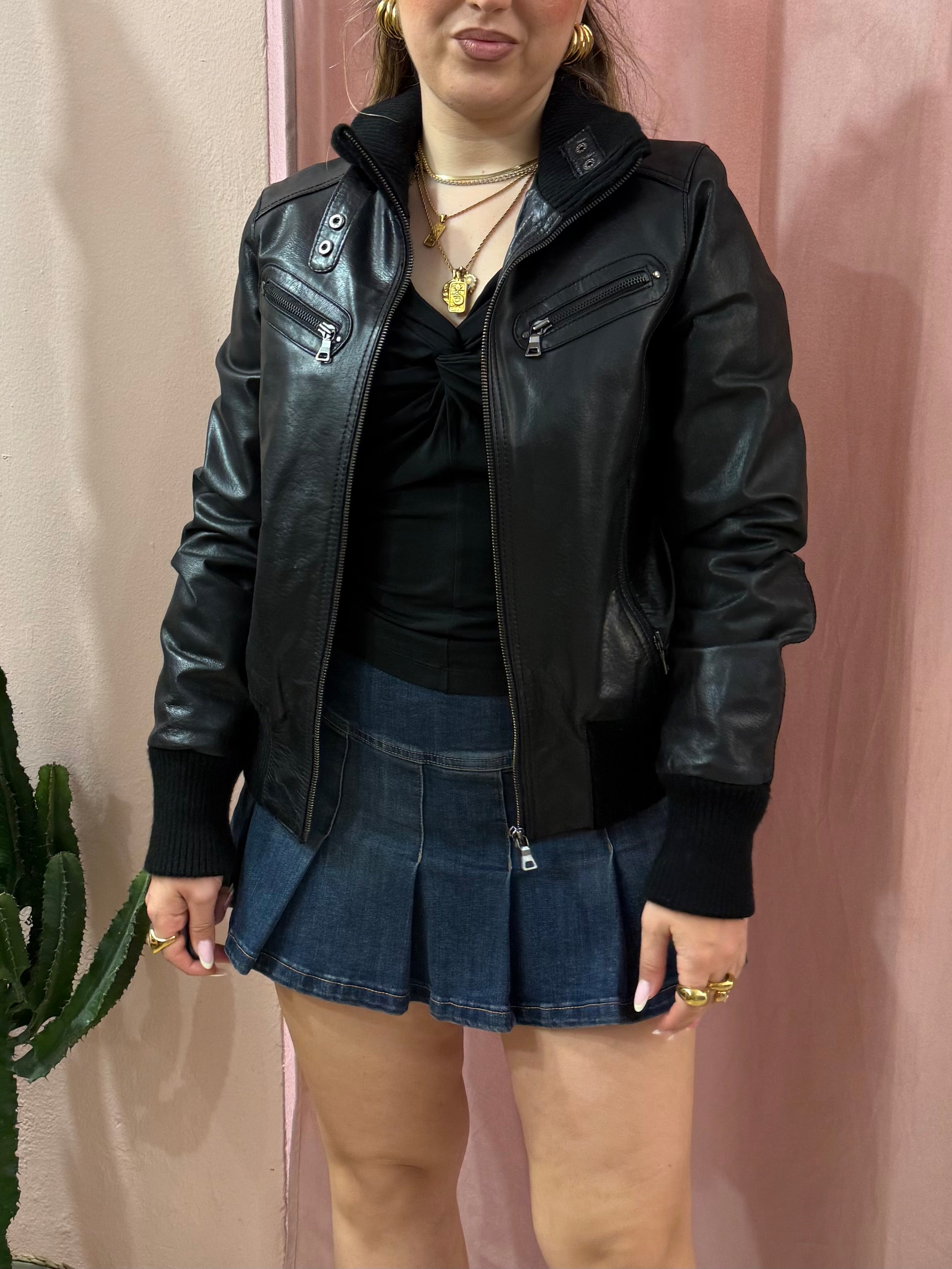 Bomber in pelle nero strutturato