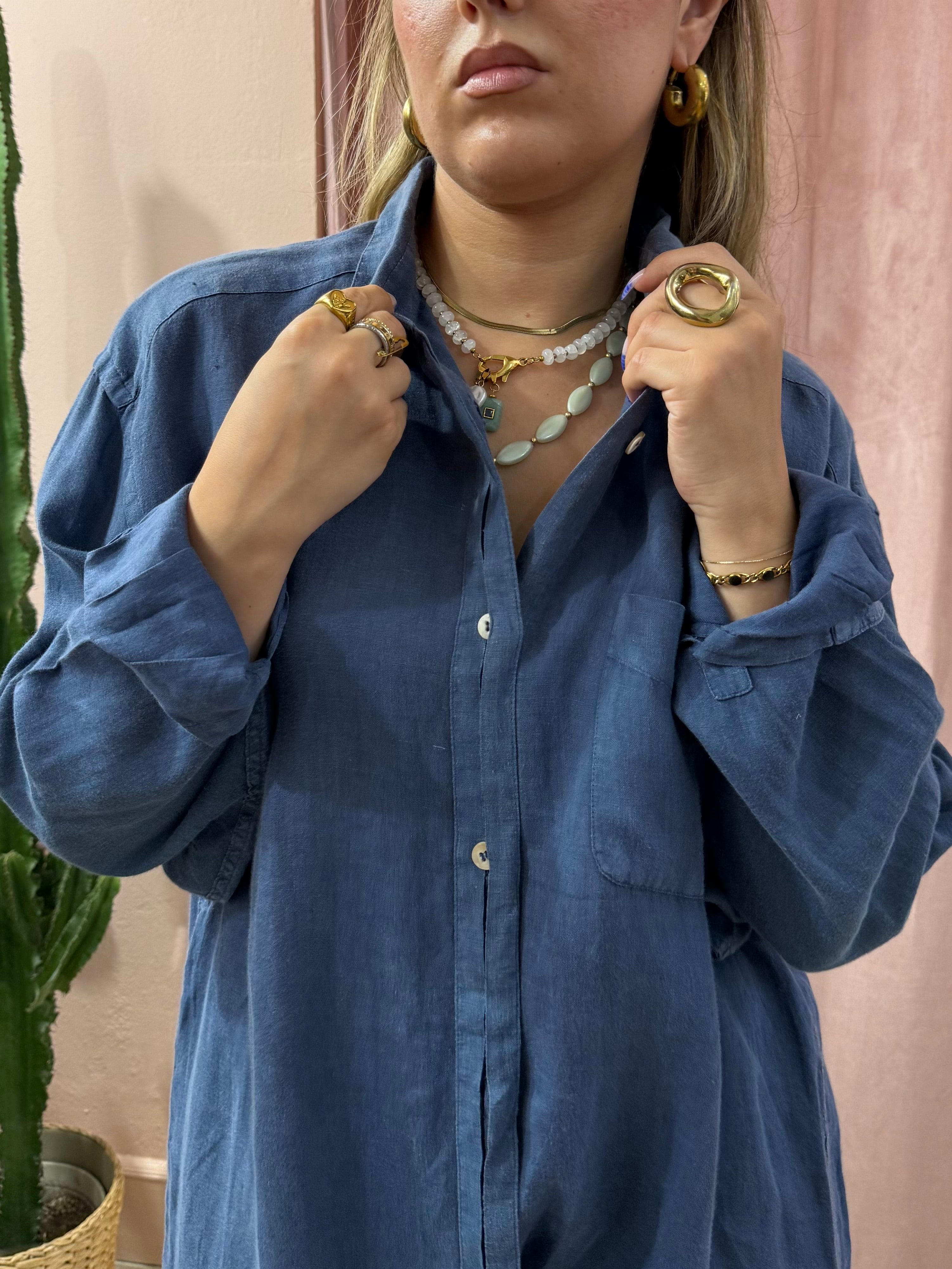 Camicione Max Mara blu in puro lino