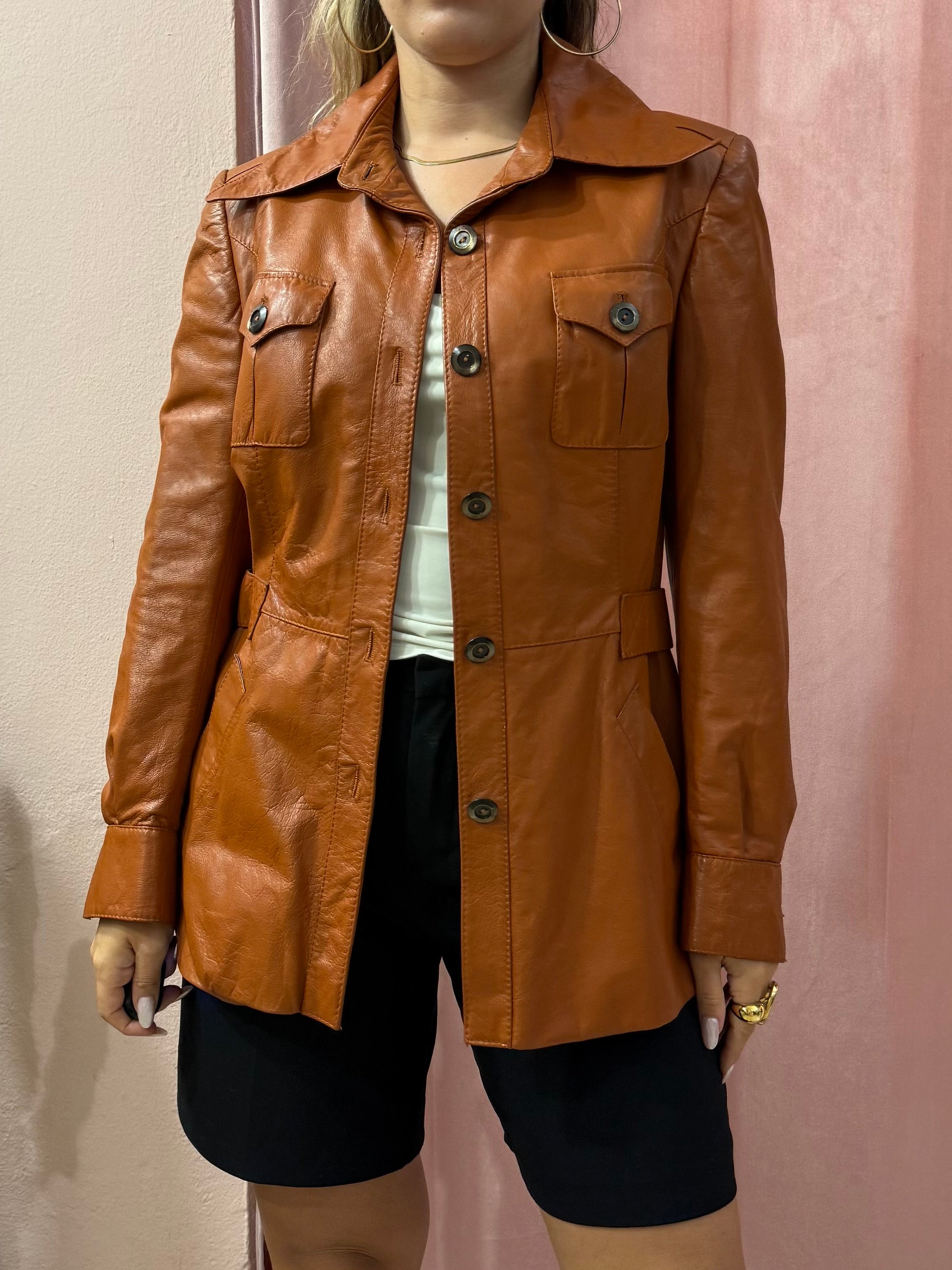 Giacca lunga in pelle mattone