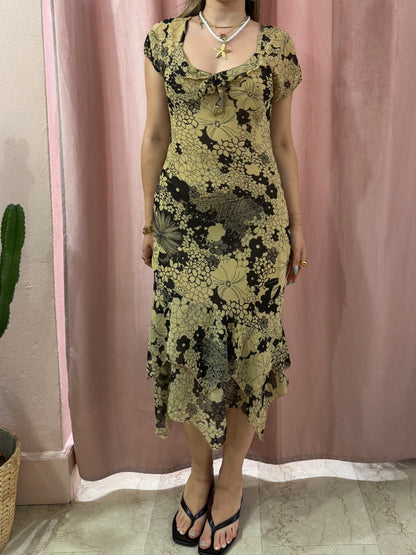 Vestito in fantasia a fiori beige e nero