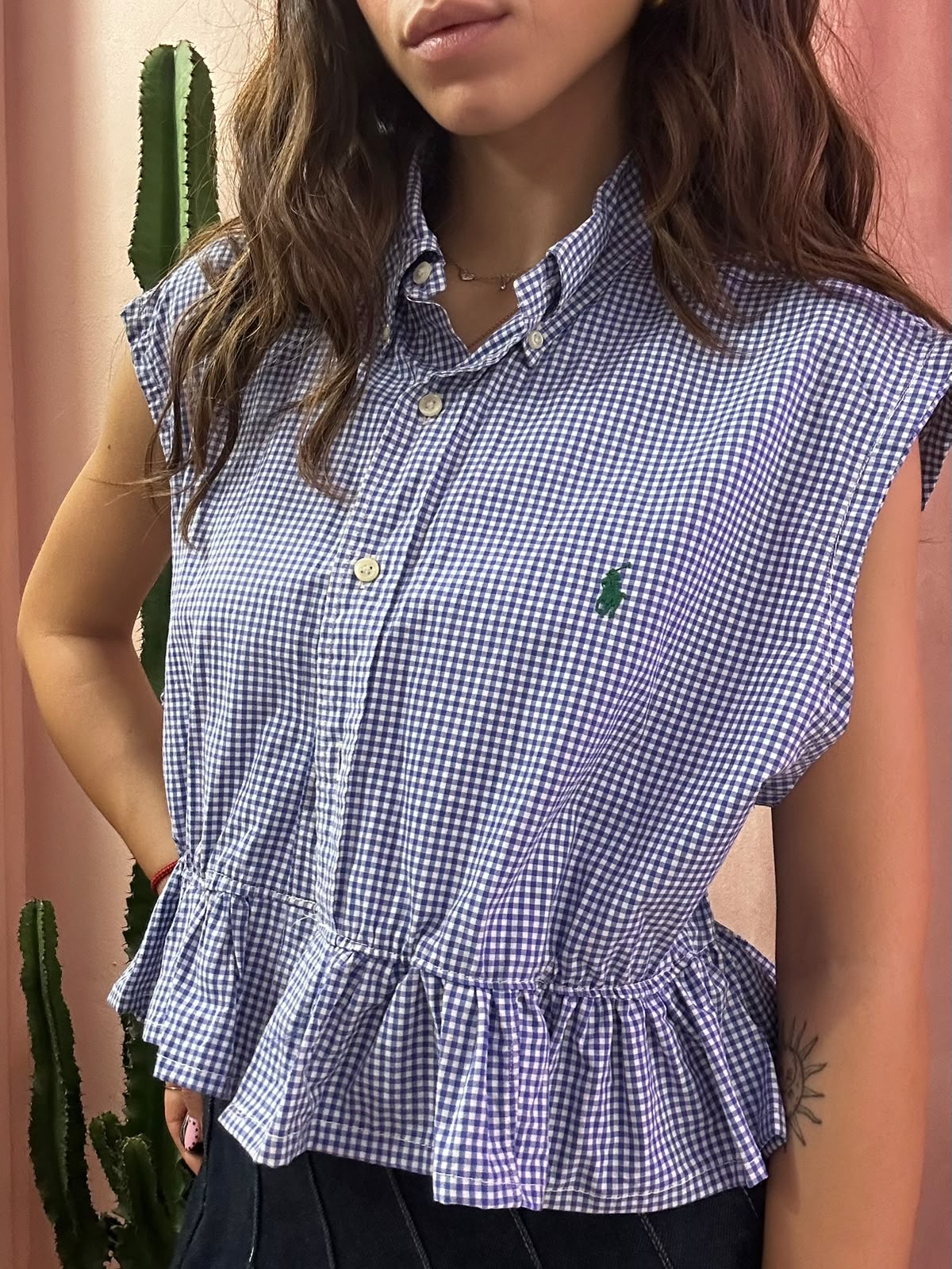 Camicia Ralph Lauren upcycling volant quadretti blu