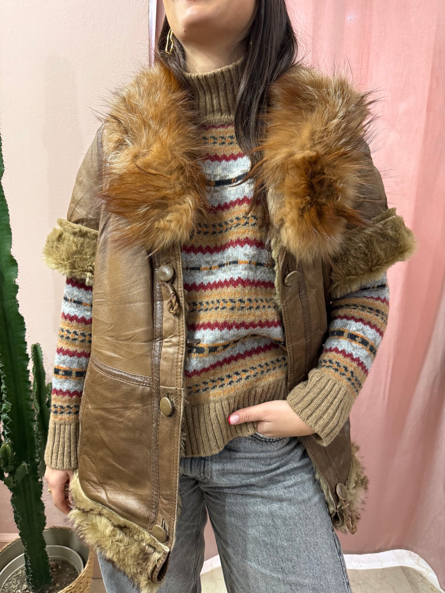 Montone Shearling smanicato collo in volpe