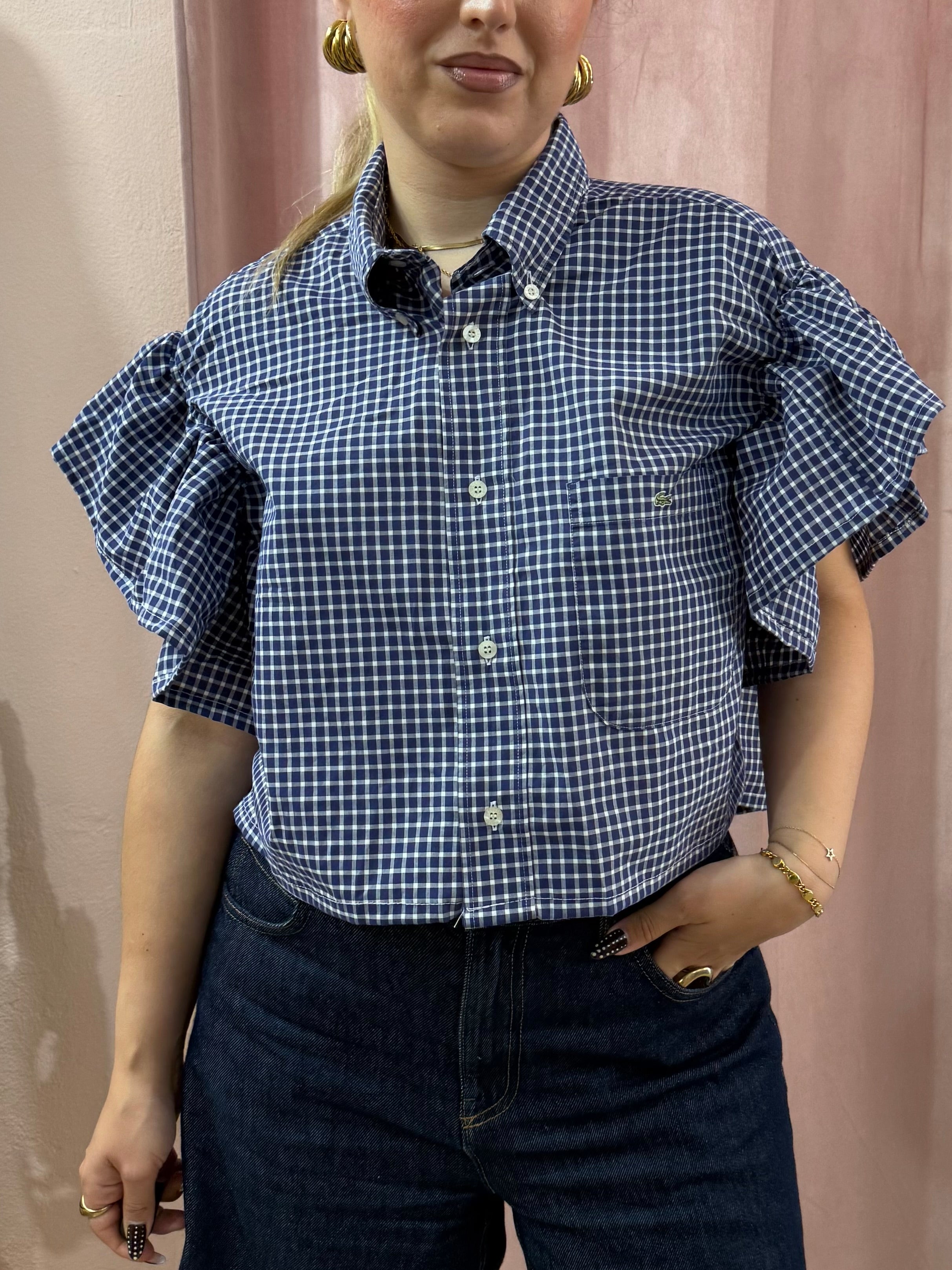 Camicia Lacoste upcycling volant blu a quadretti