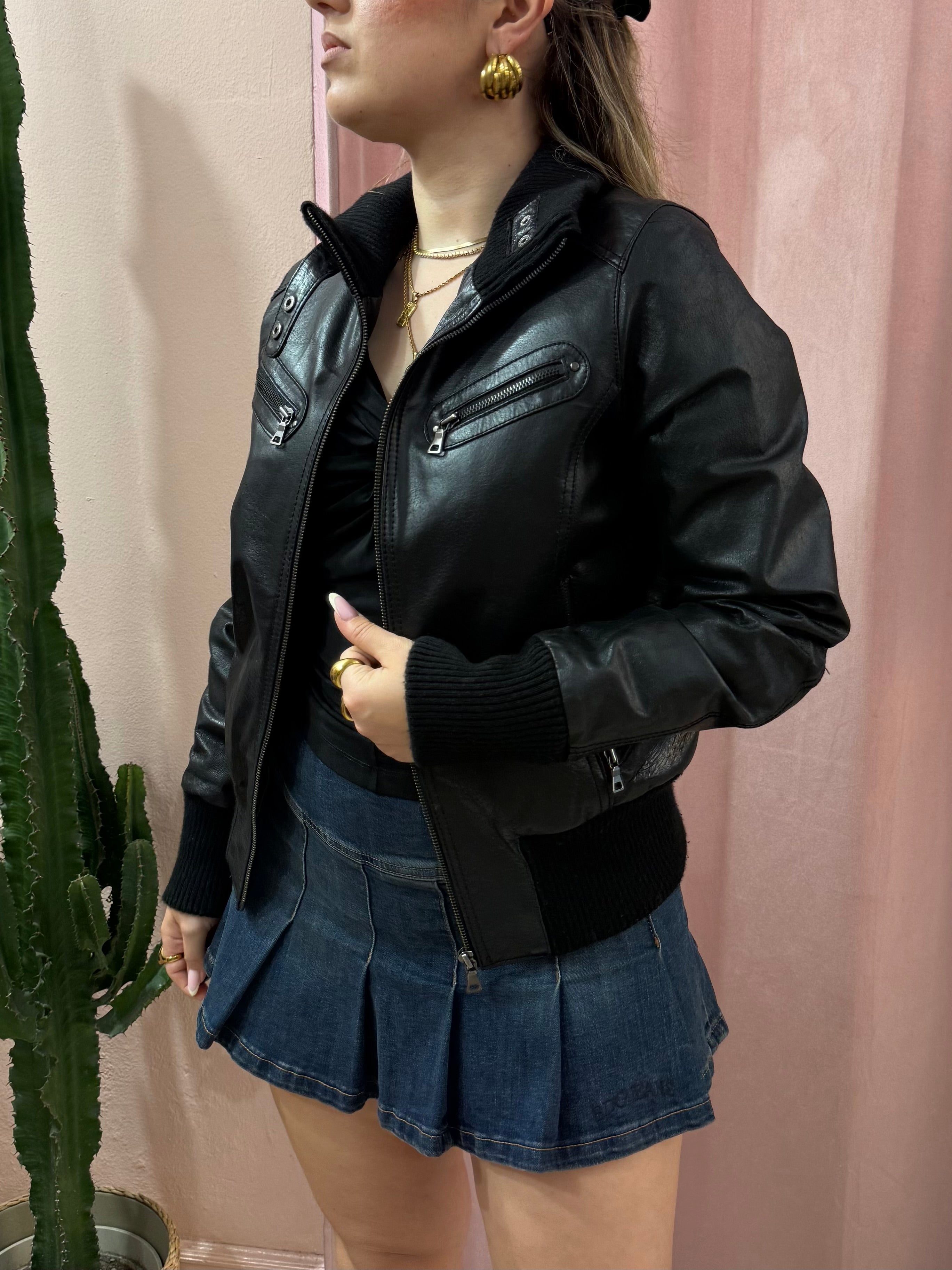 Bomber in pelle nero strutturato