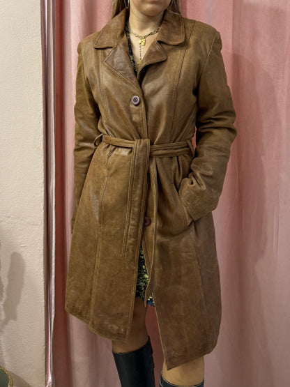 Trench in vera pelle con cinturino