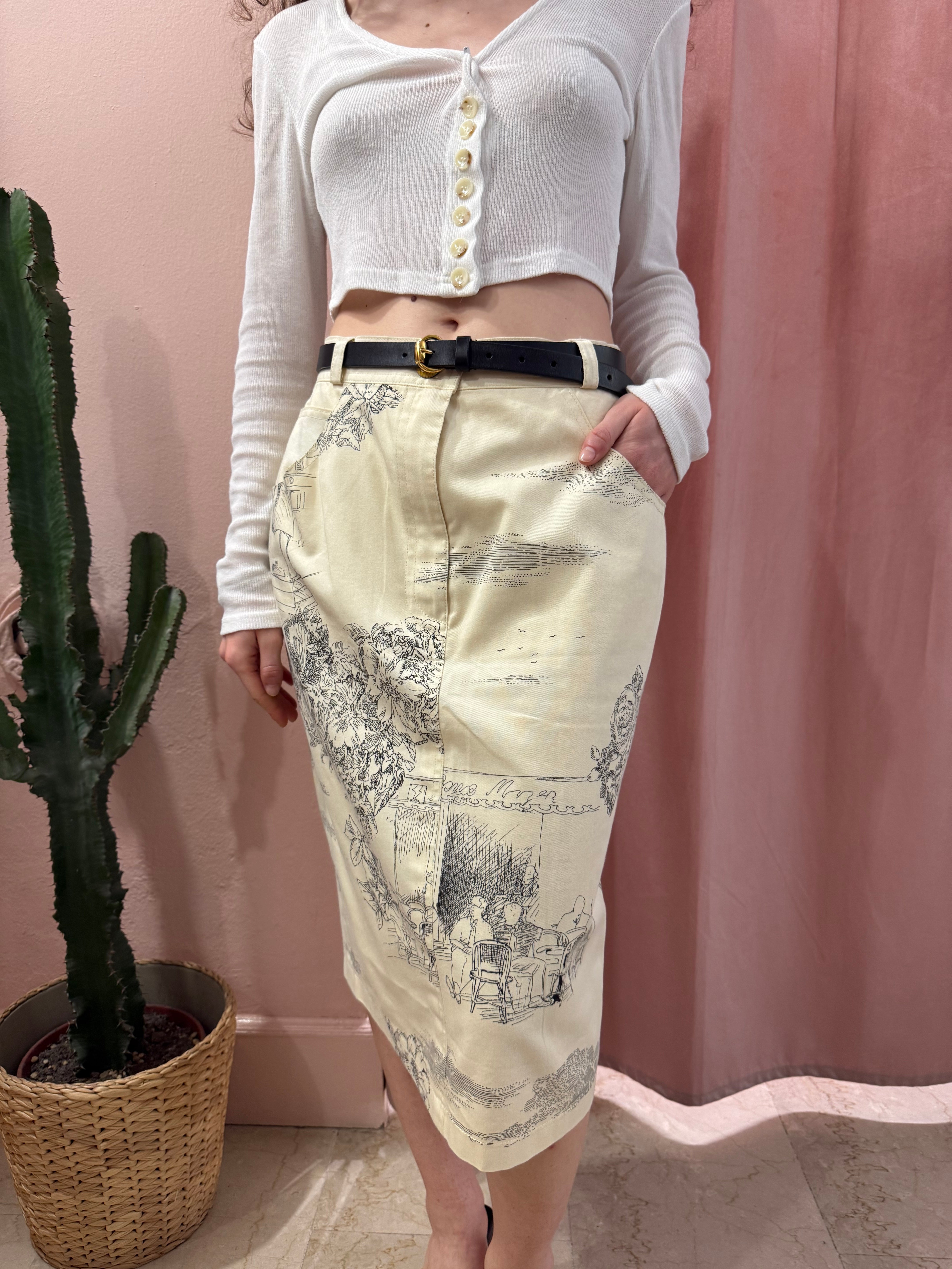 Gonna vintage midi con fantasia disegnata