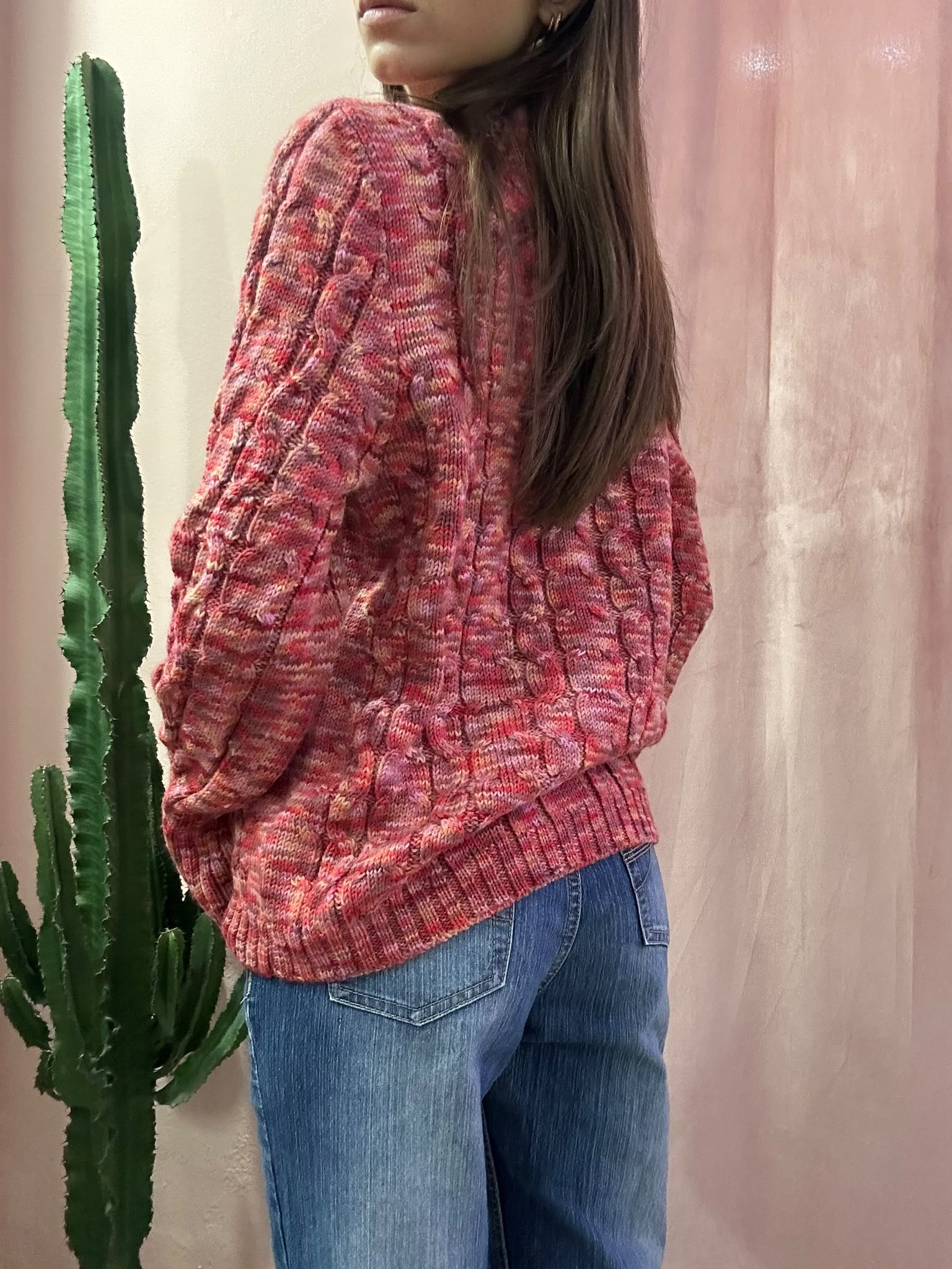 Maglione vintage girocollo mélange fucsia in lana