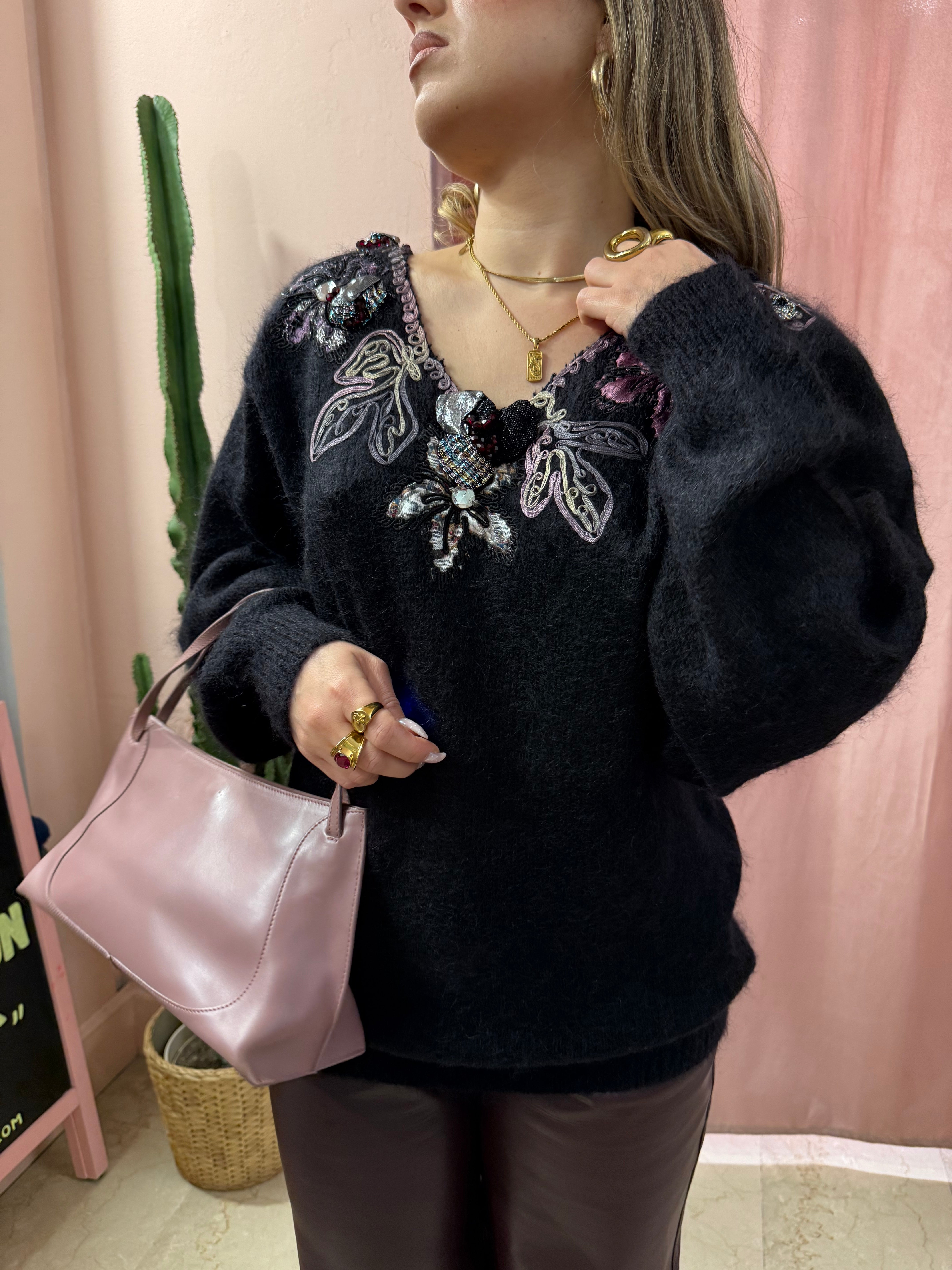 Maglione vintage ricamato in kid mohair