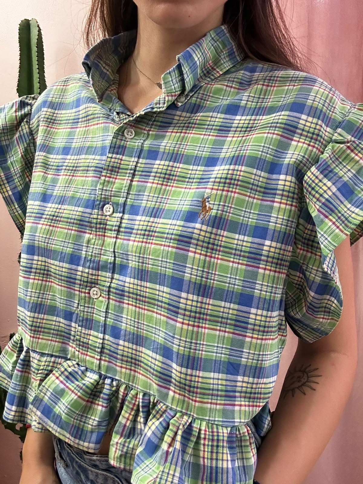Camicia ralph lauren upcycling manica volant a quadri