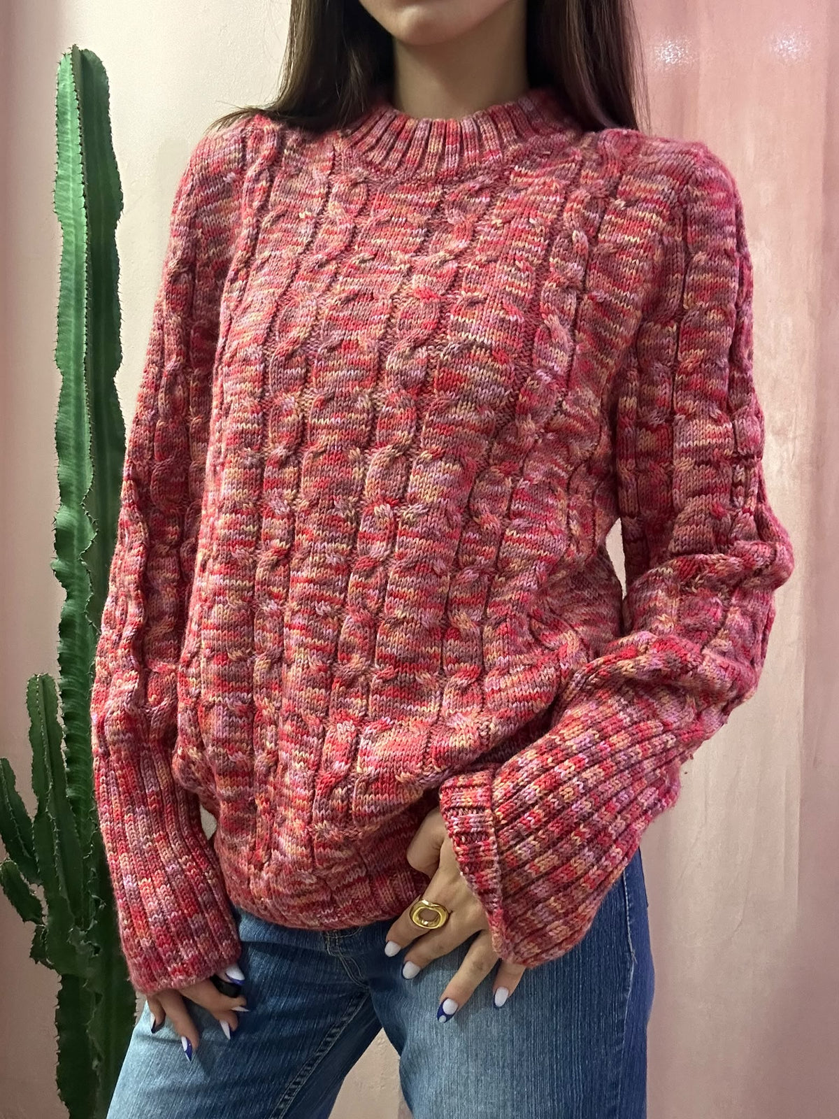Maglione vintage girocollo mélange fucsia in lana