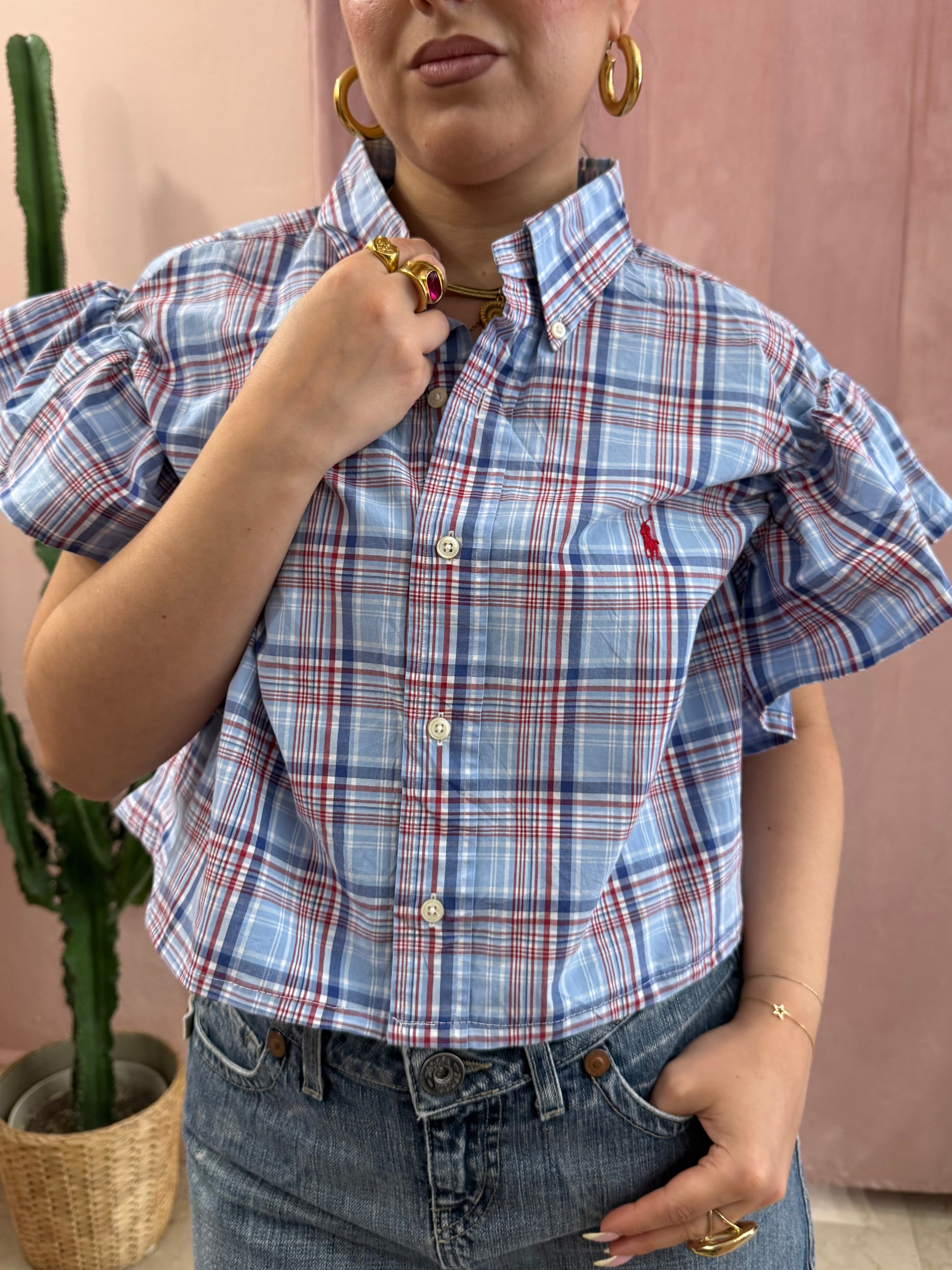Camicia Ralph Lauren upcycling volant quadri azzurra