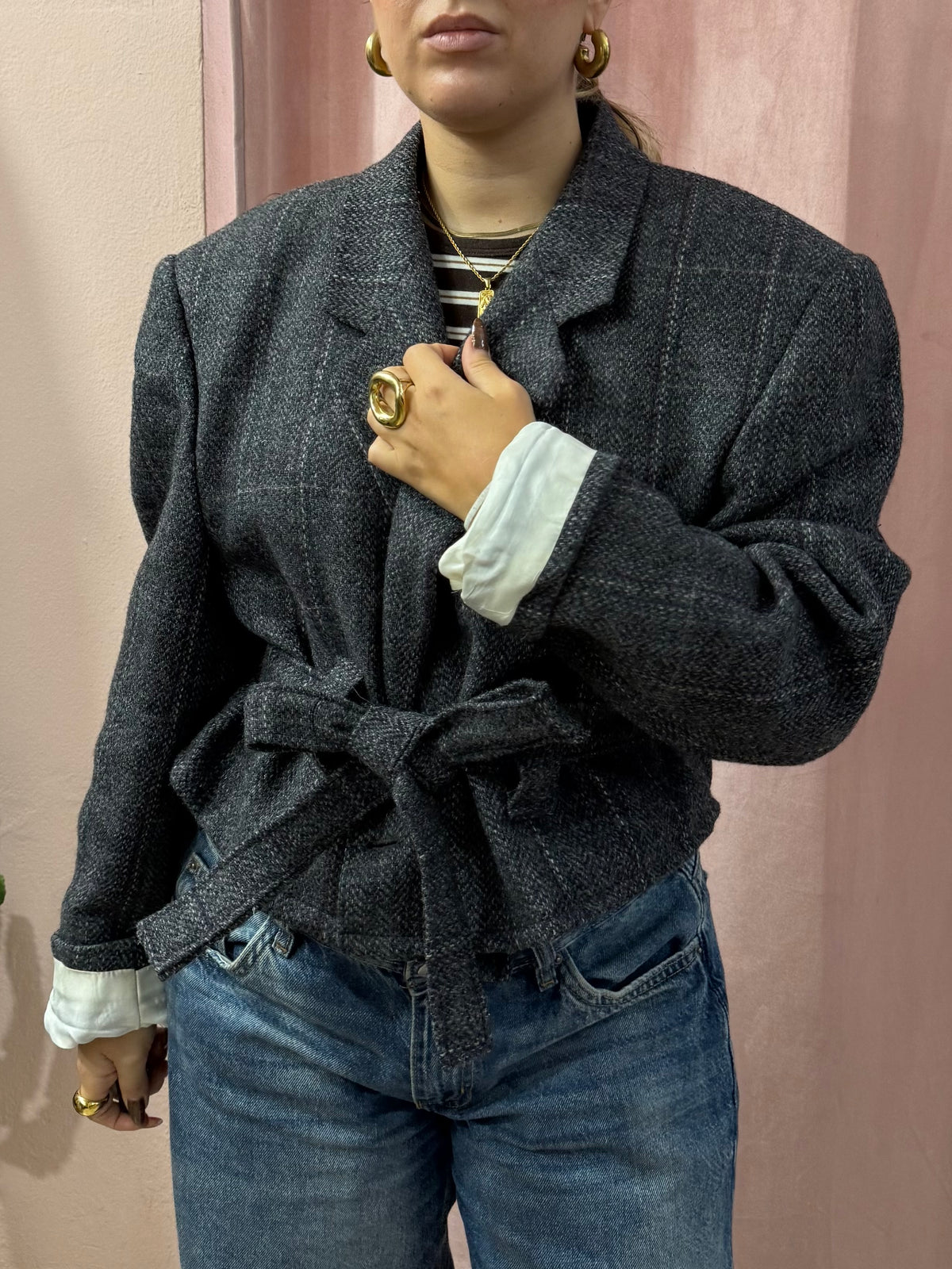 Blazer in lana upcycling antracite principe di galles