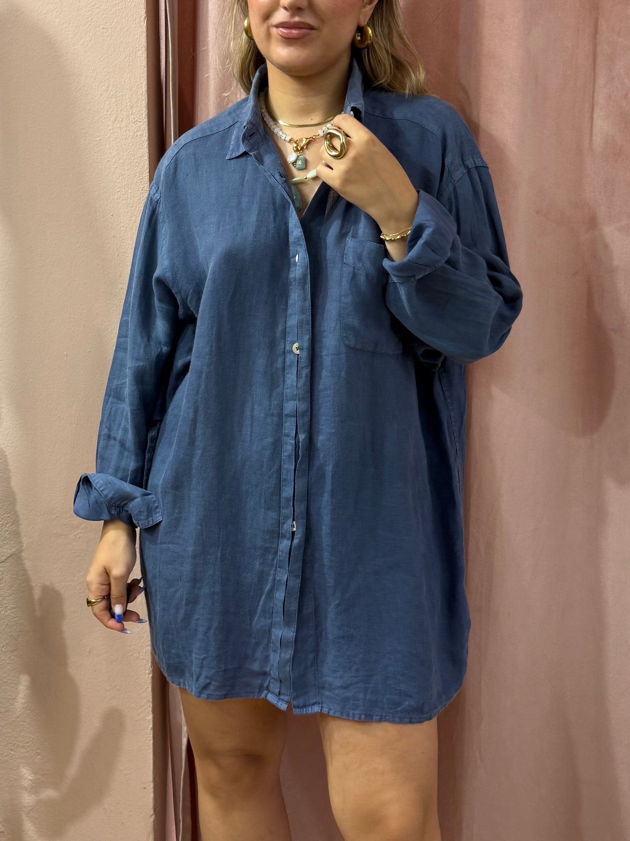 Camicione Max Mara blu in puro lino