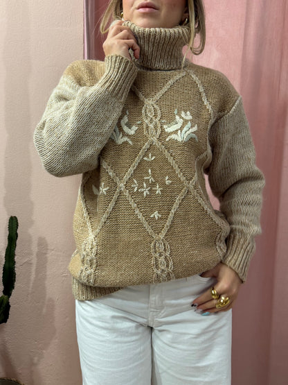 Maglione vintage collo alto in lana con ricami