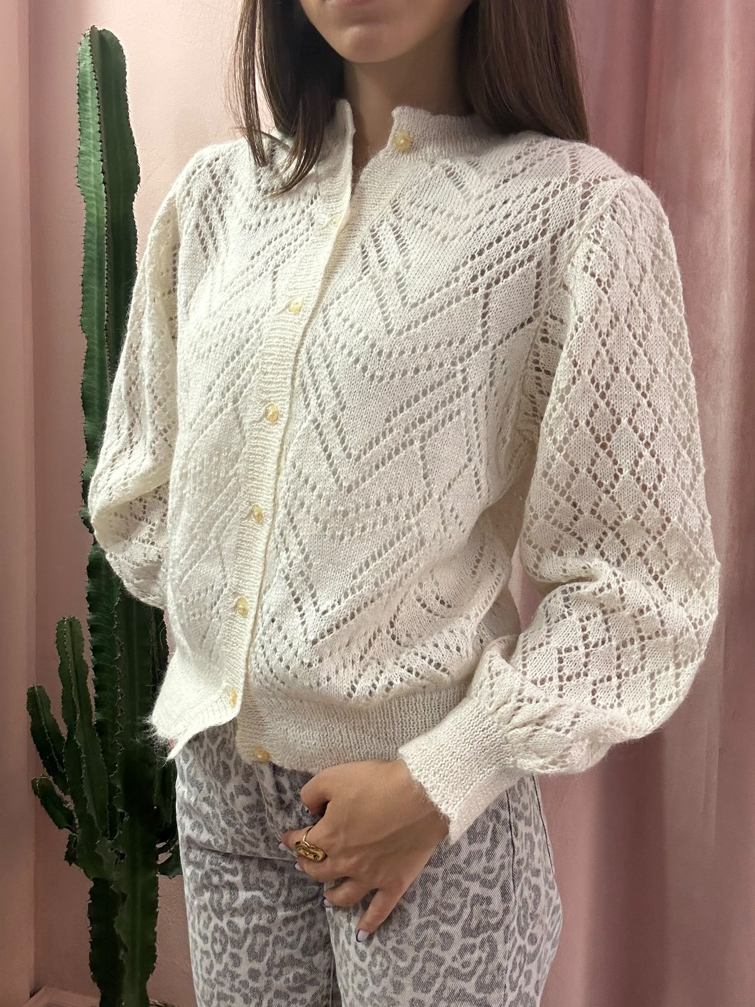 Cardigan vintage panna traforato in lana