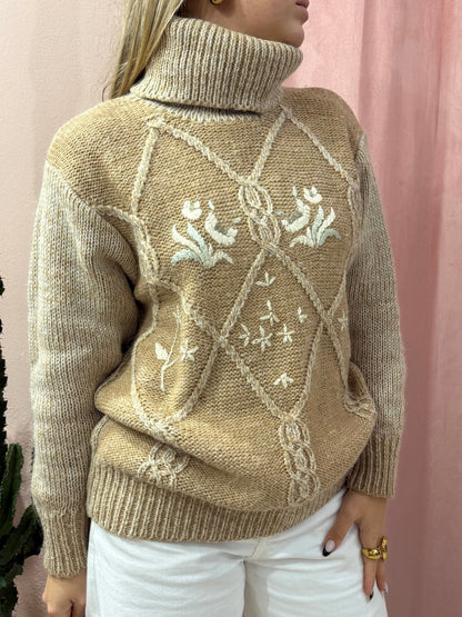 Maglione vintage collo alto in lana con ricami