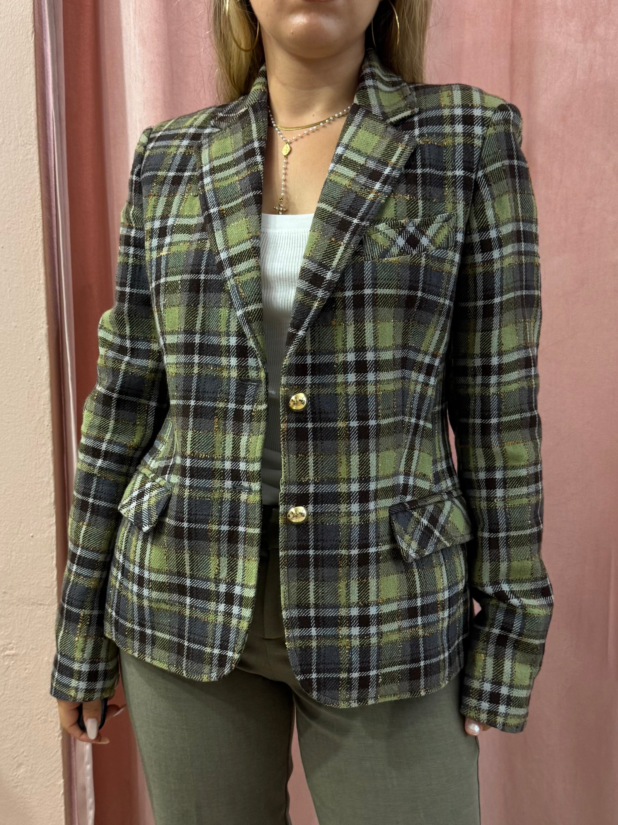 Blazer tartan sul verde in pura lana