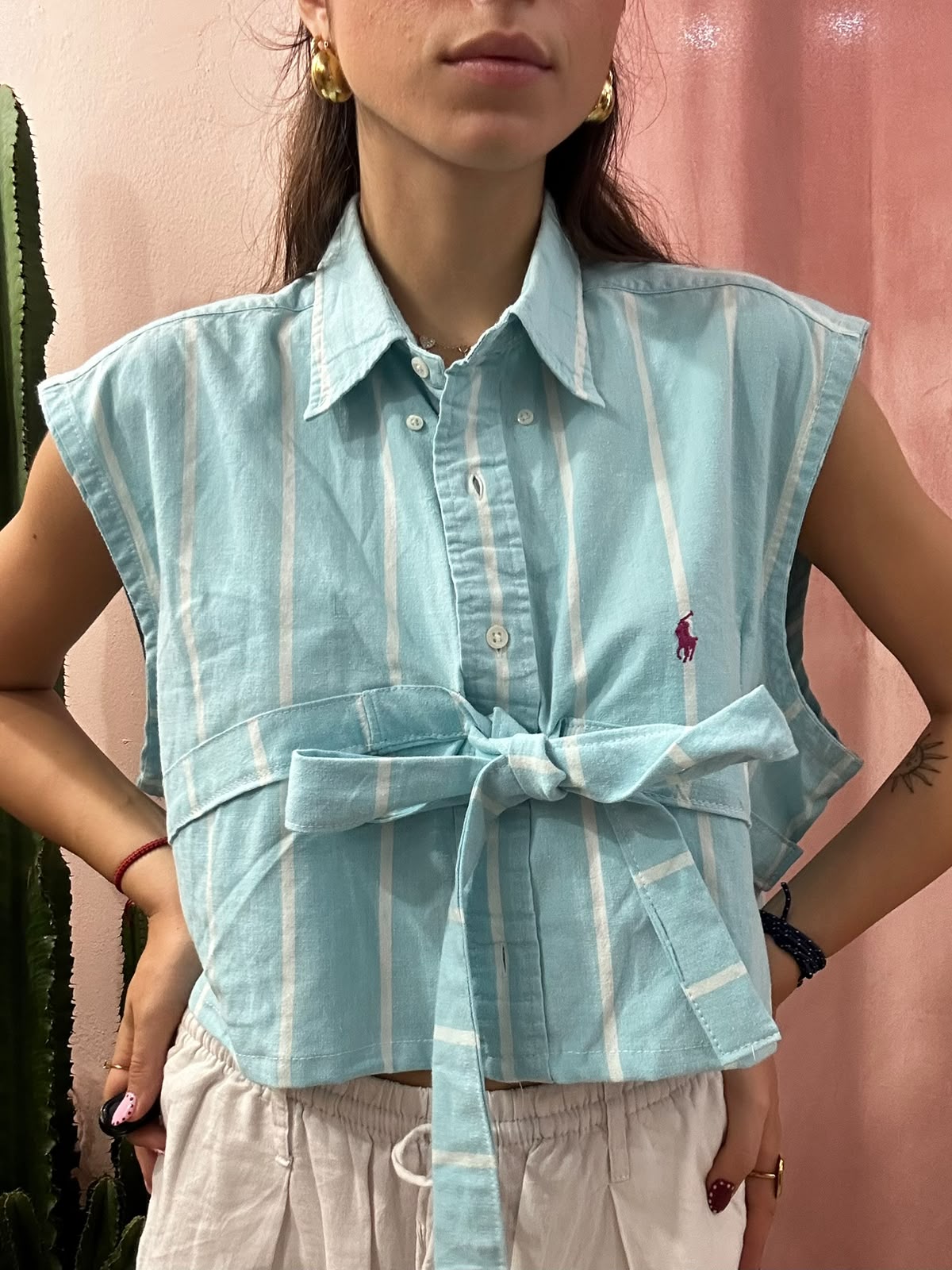 Camicia Ralph Lauren upcycling fiocco a righe azzurra