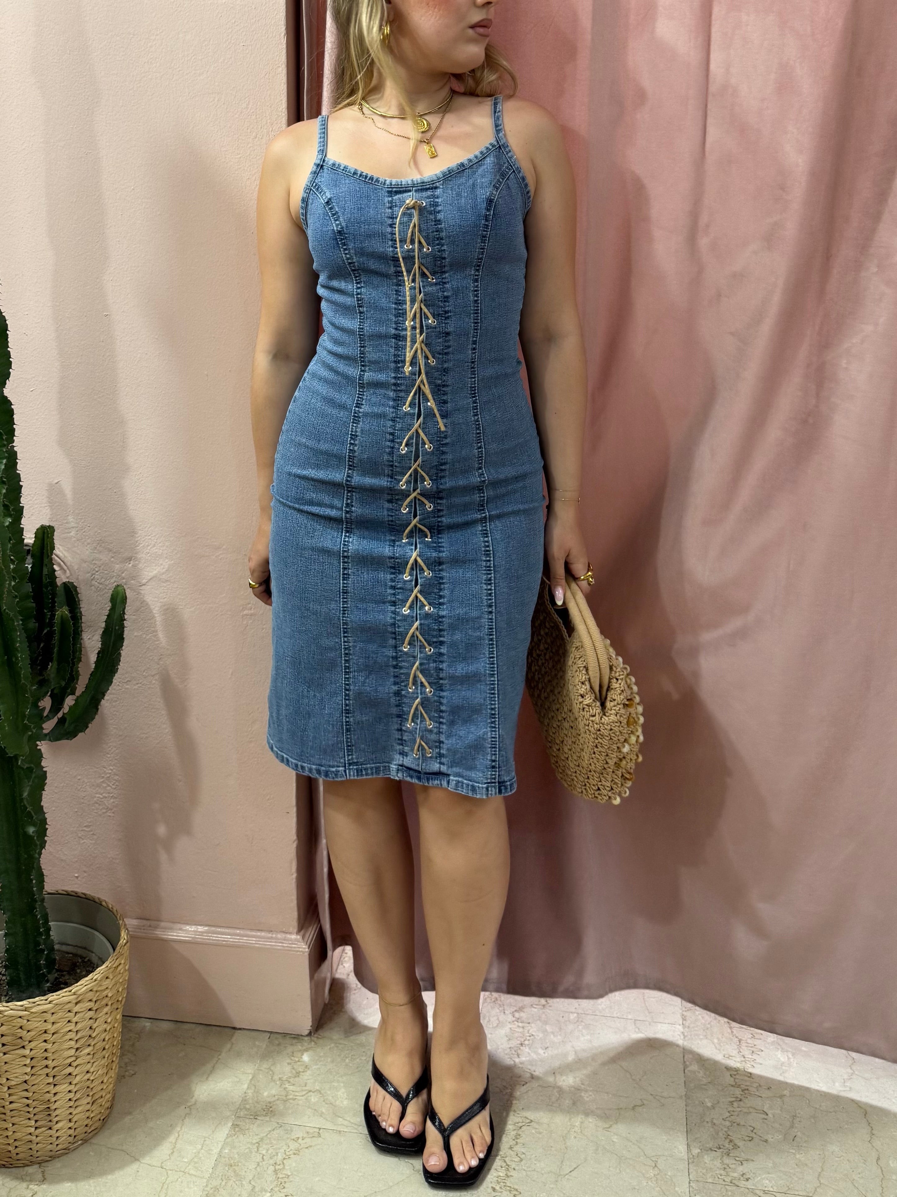 Vestito 00s in denim con intreccio sul davanti