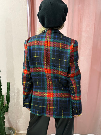 Blazer tartan in lana sul blu