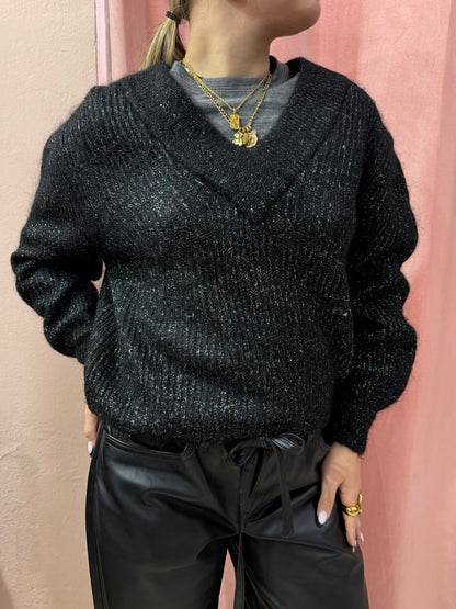 Maglione crop nero laminato