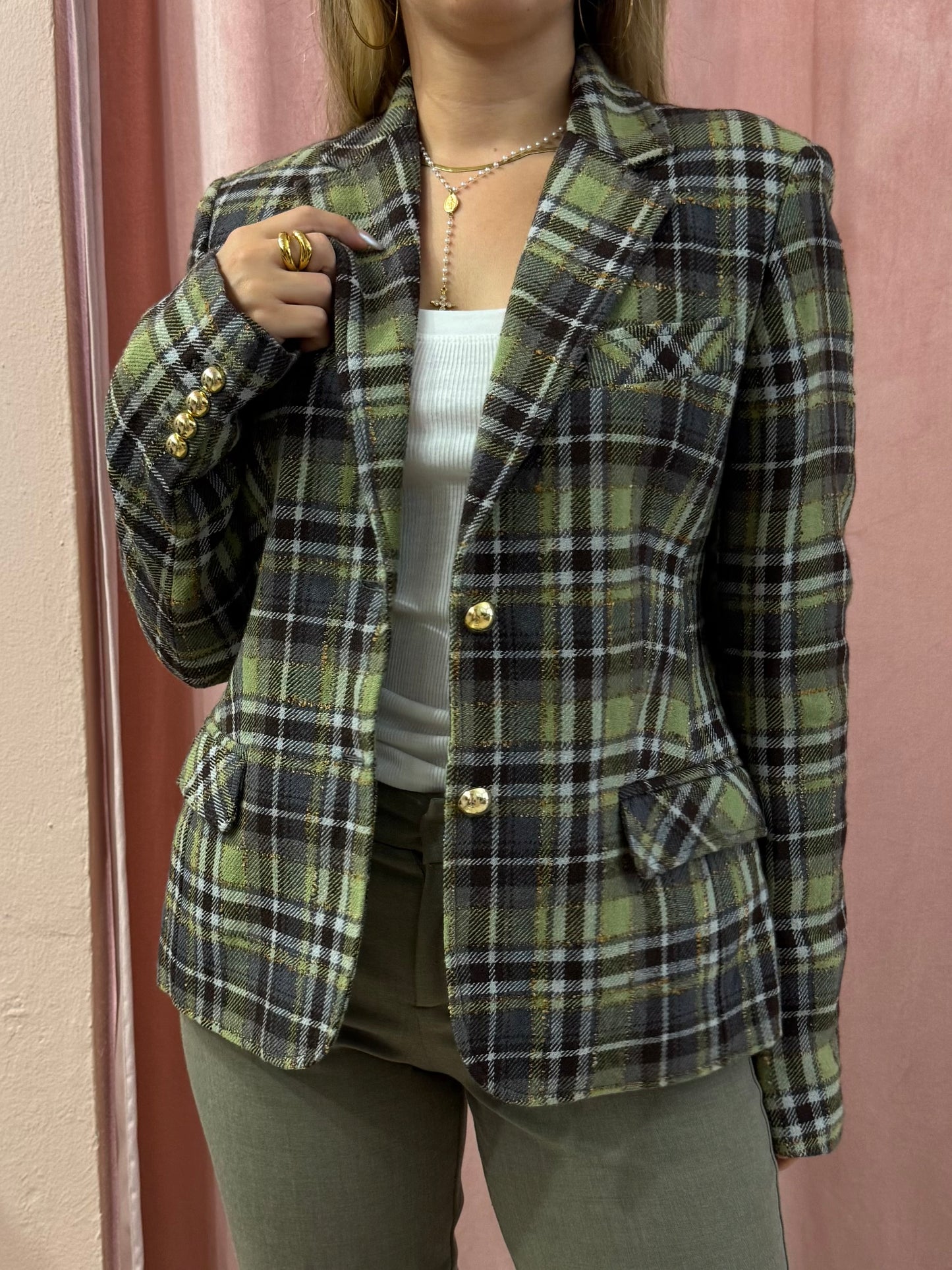 Blazer tartan sul verde in pura lana