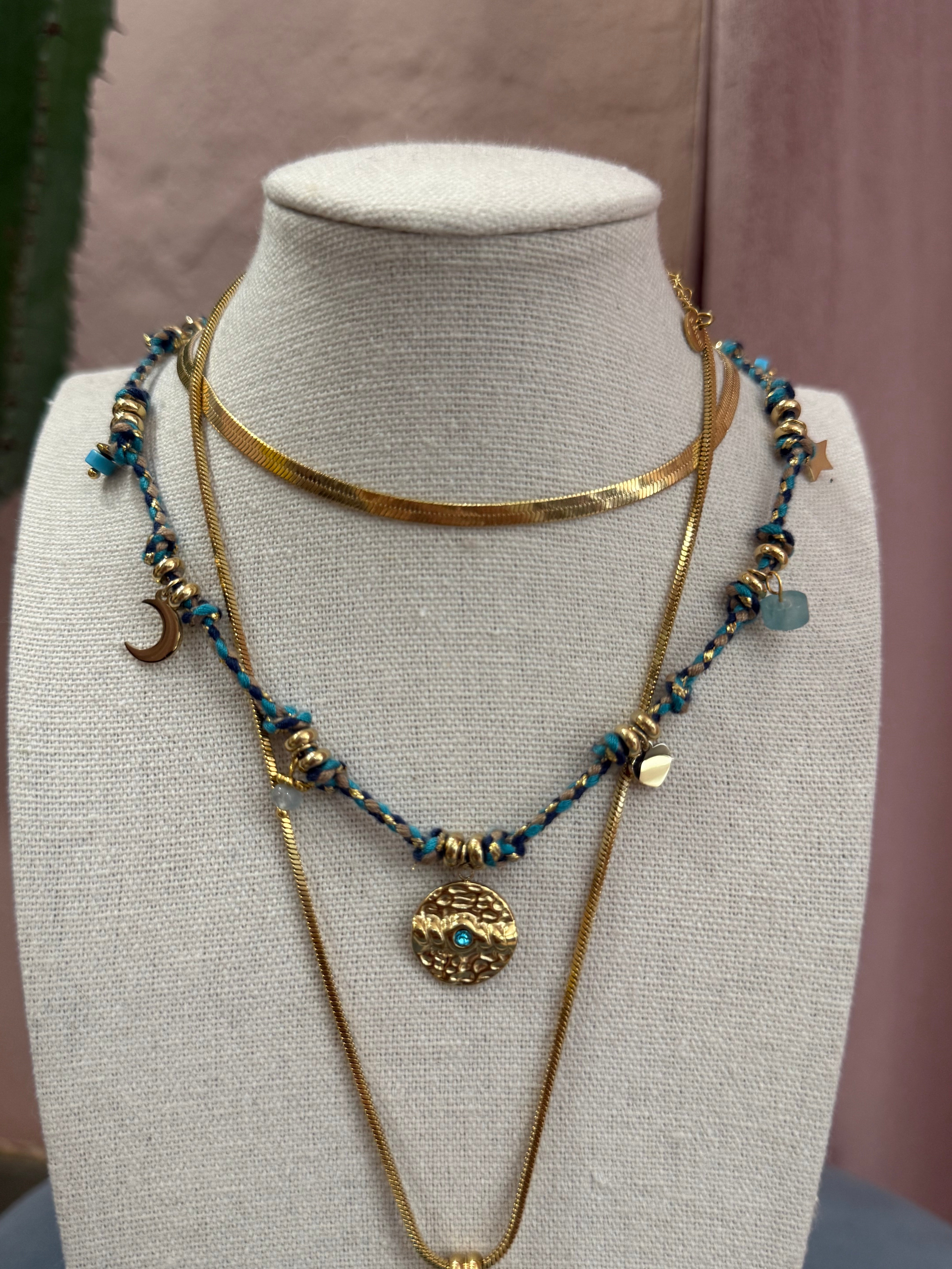 Collana in corda medaglione gold/blu