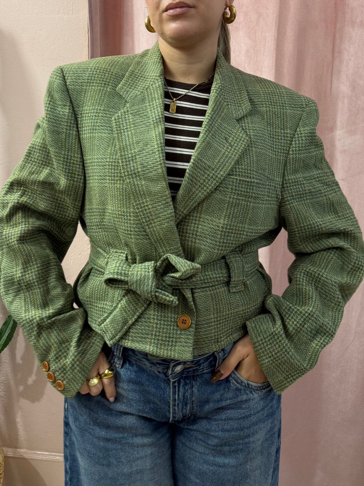 Blazer in lana upcycling verde principe di galles