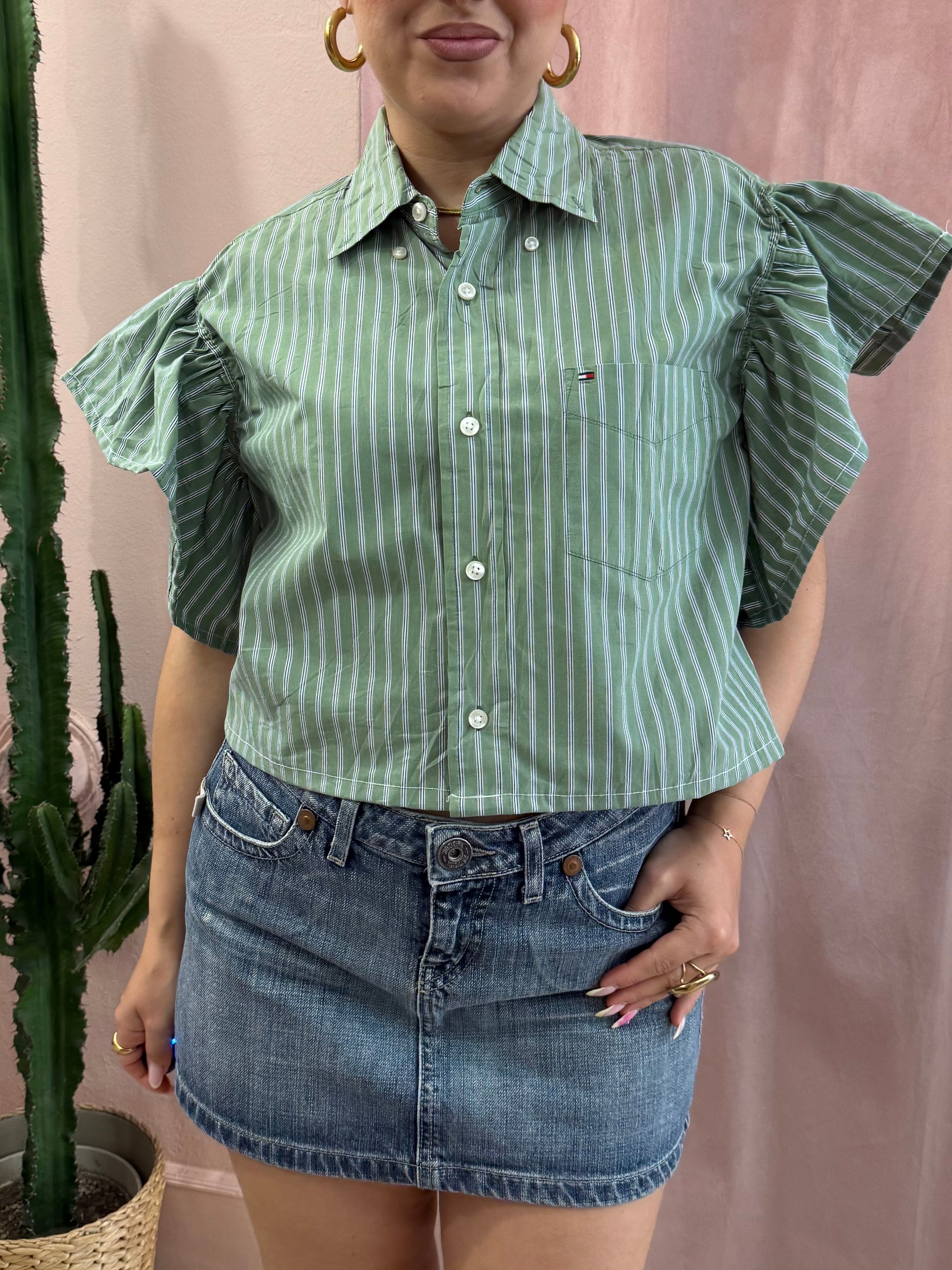 Camicia Tommy H. upcycling volant righe verde