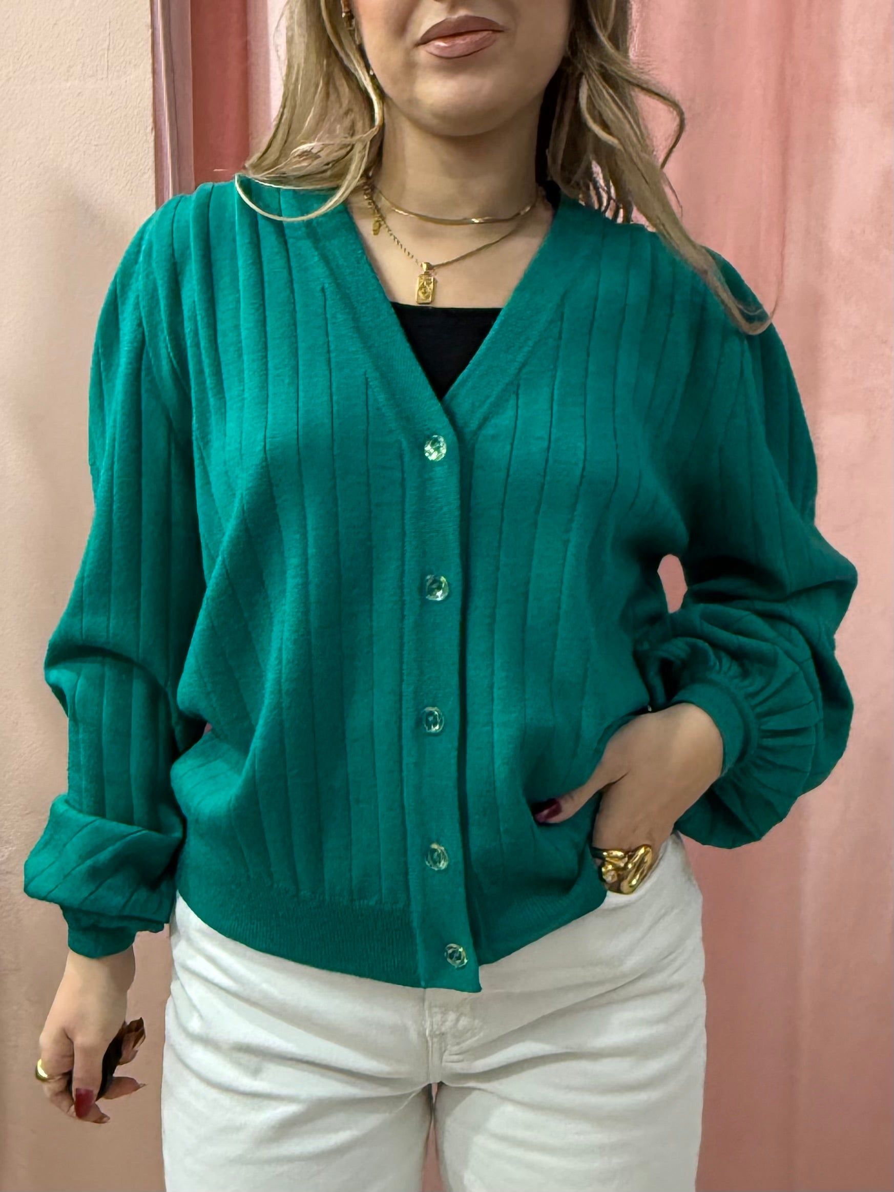 Cardigan in lana con maniche a sbuffo