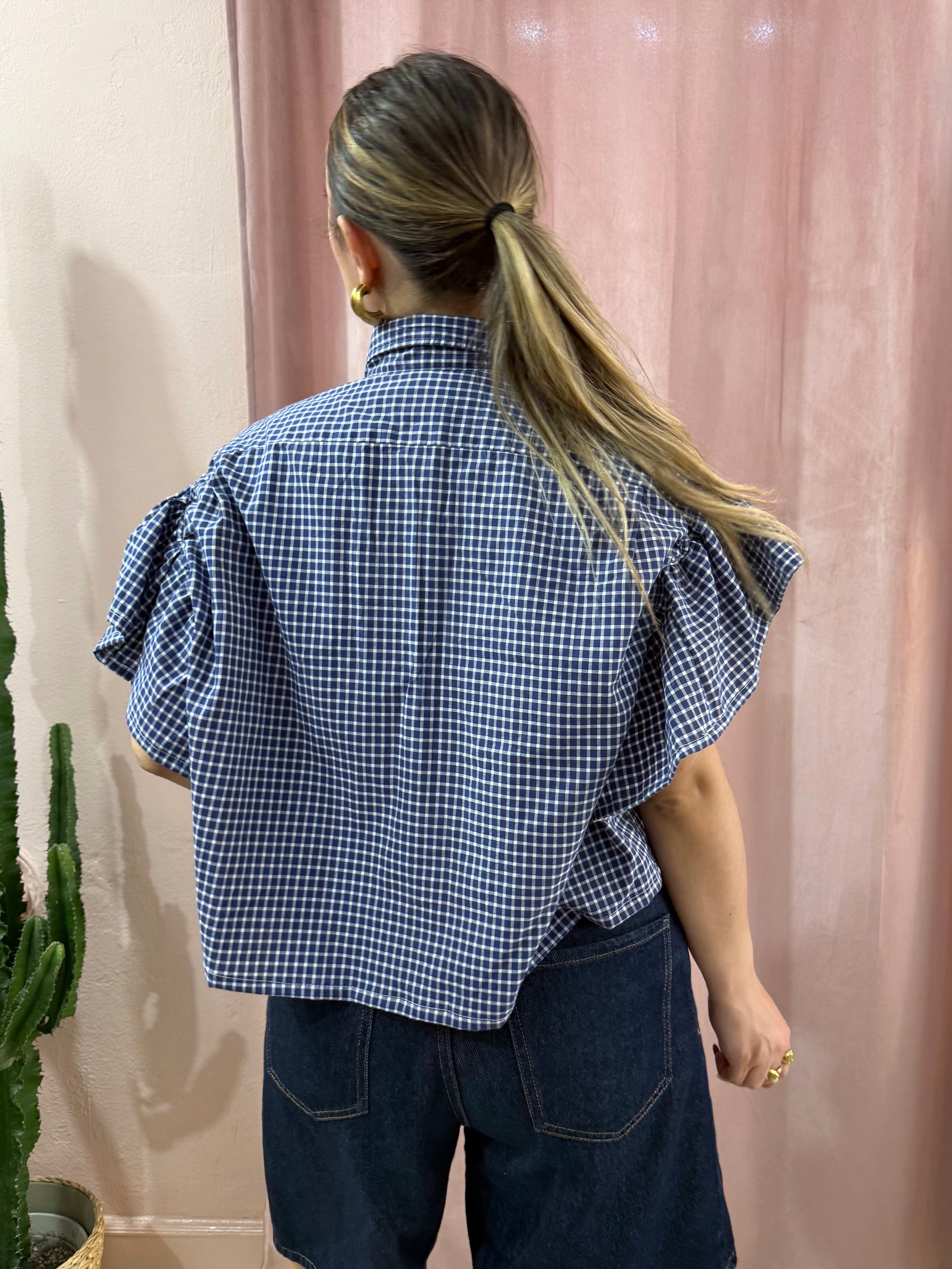 Camicia Lacoste upcycling volant blu a quadretti