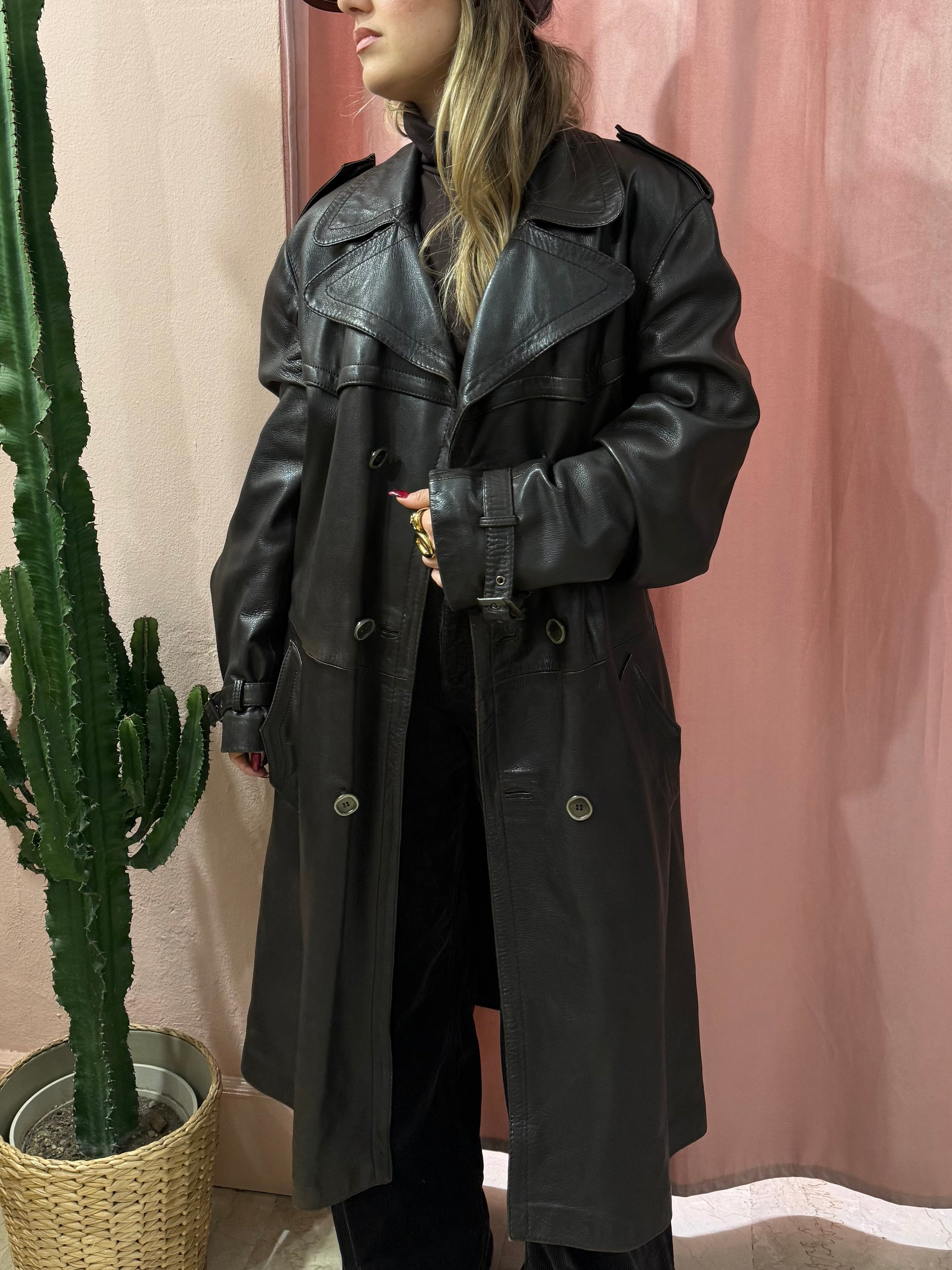 Trench vintage lungo in vera pelle cioccolato