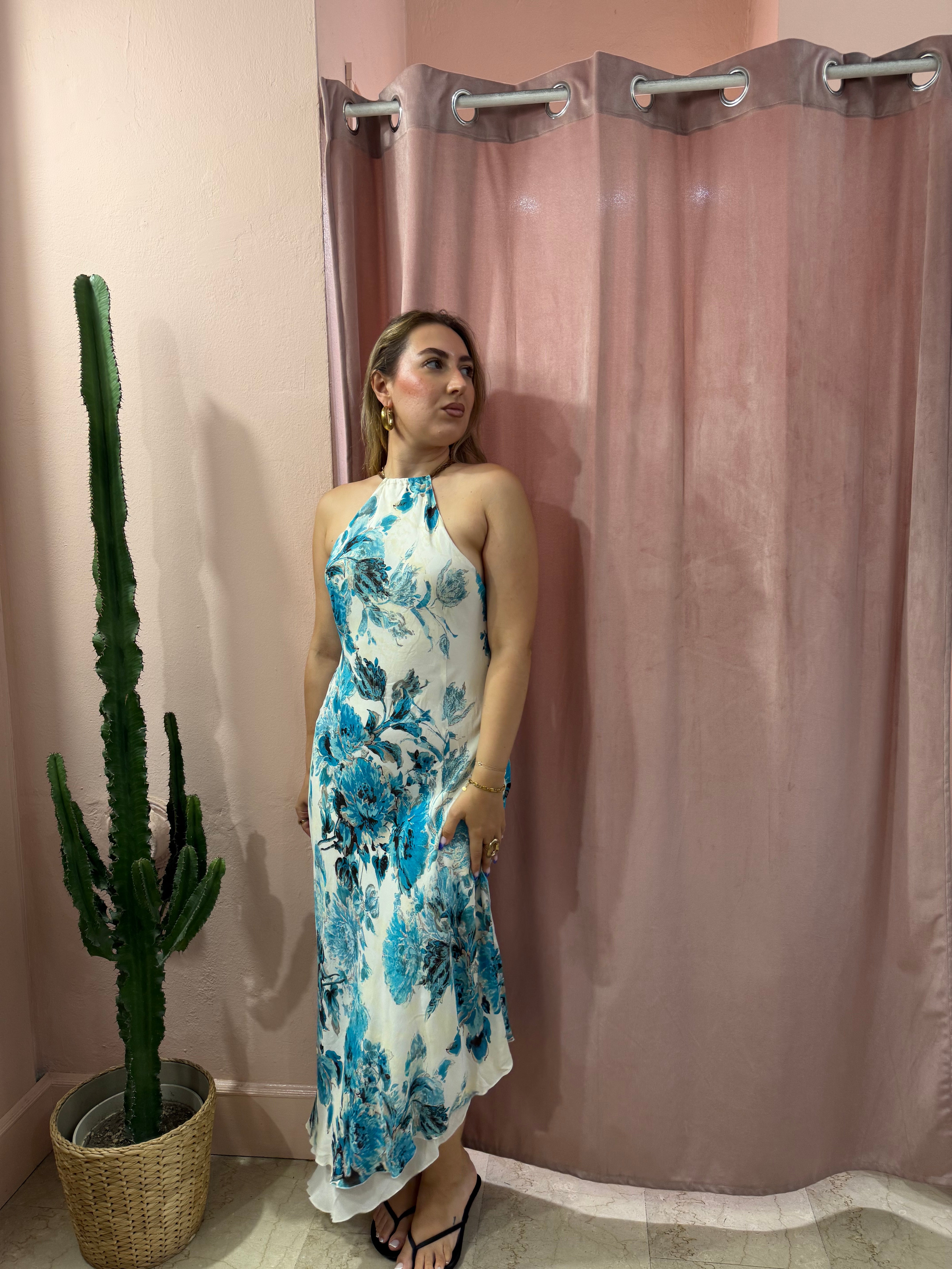 Maxi vestito bianco in fantasia floreale blu