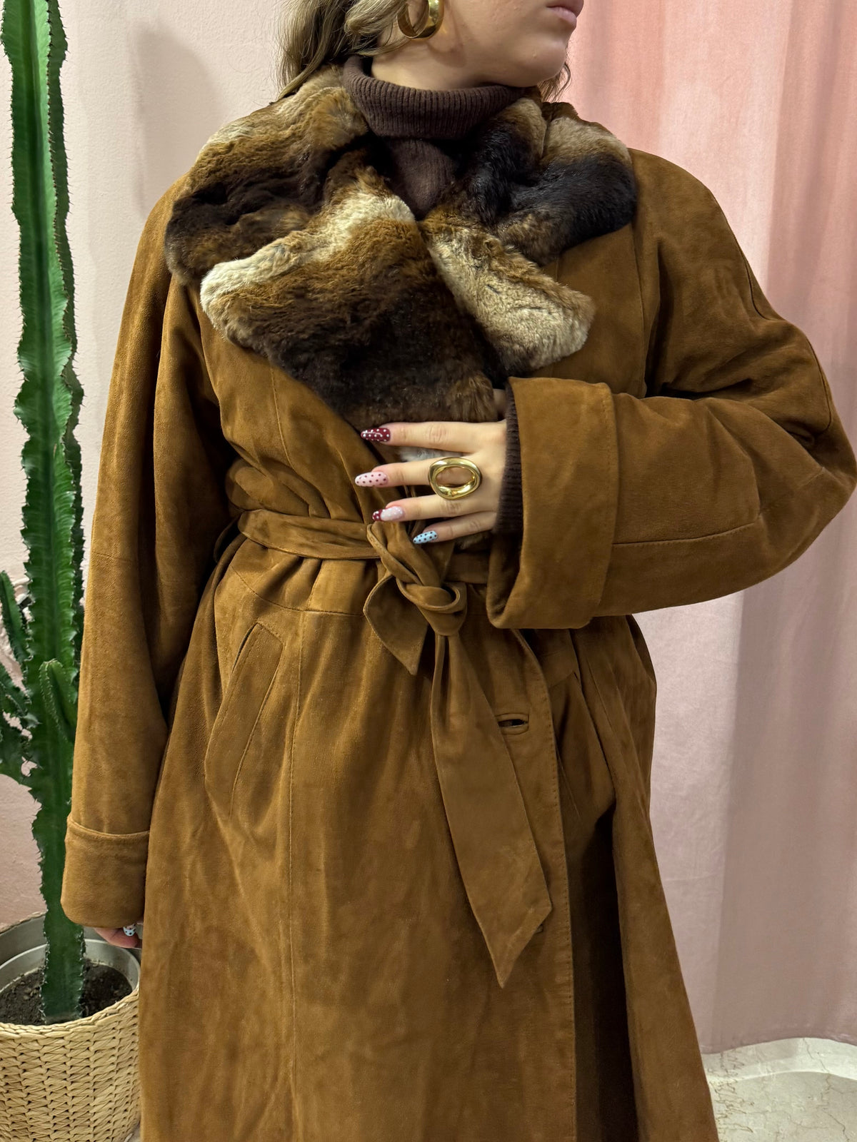 Cappotto trench in vera pelle con pelliccia