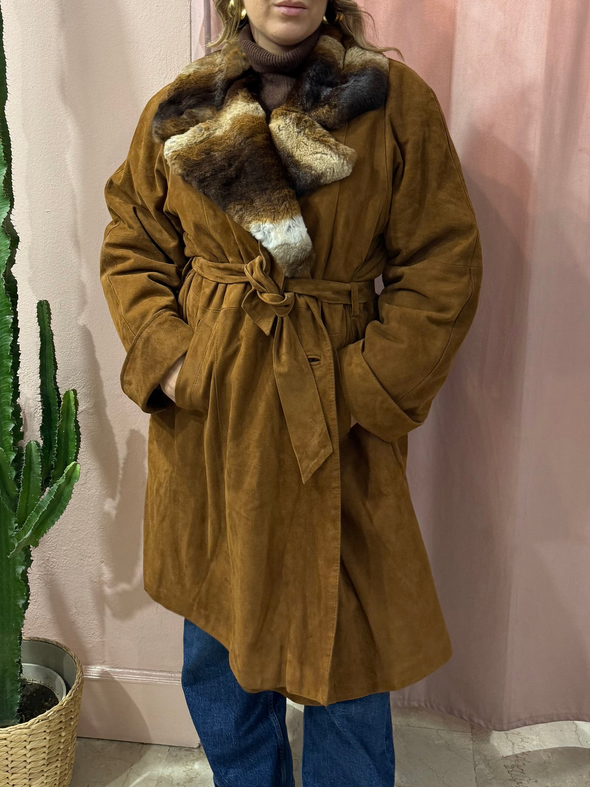 Cappotto trench in vera pelle con pelliccia