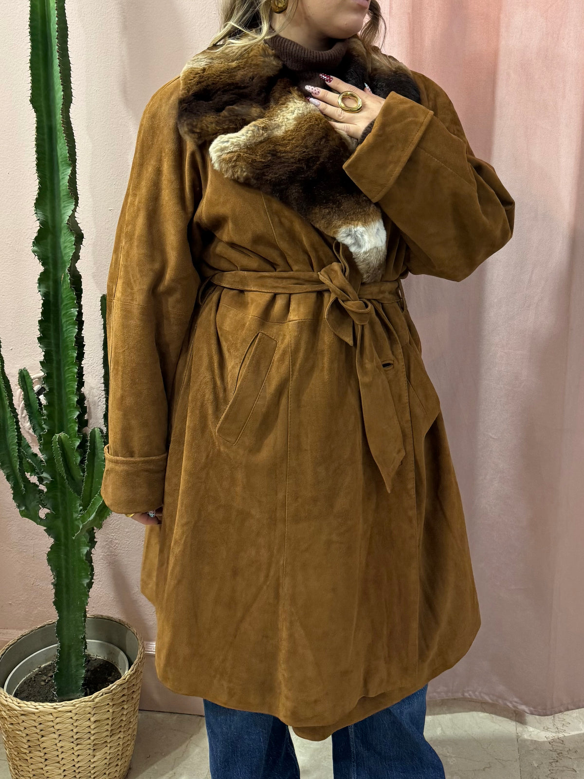 Cappotto trench in vera pelle con pelliccia