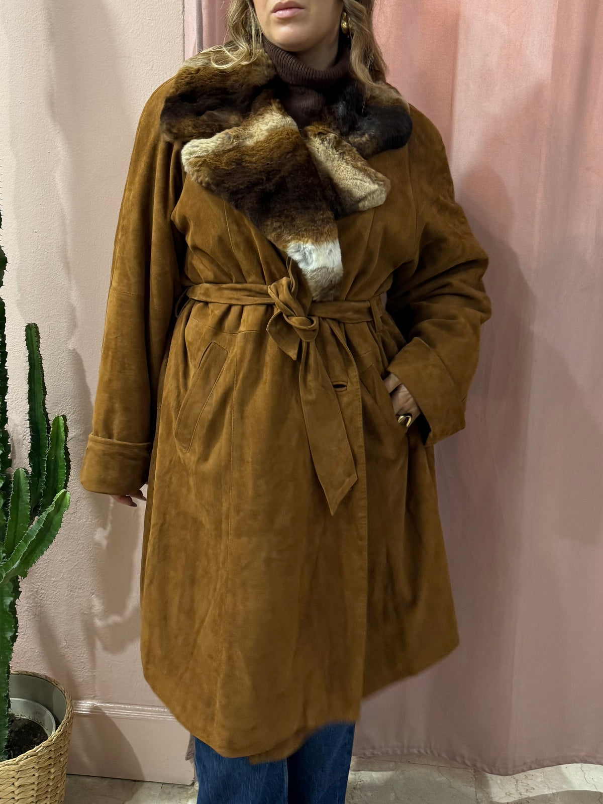 Cappotto trench in vera pelle con pelliccia